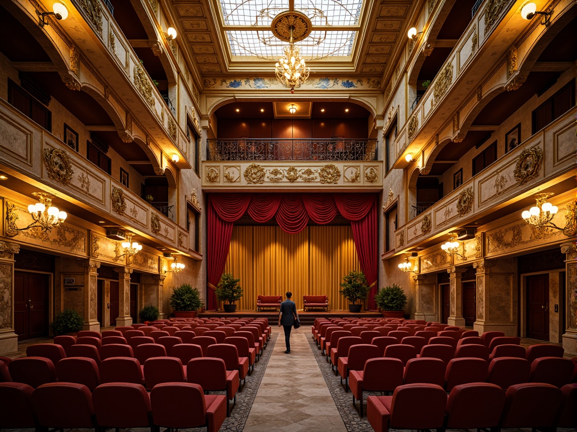 Prompt: Renaissance-style auditorium, ornate golden balconies, velvet red curtains, intricately carved wooden seats, grandiose chandeliers, Baroque-inspired architectural details, marble floors, high ceilings, symmetrical composition, warm soft lighting, shallow depth of field, 2/3 perspective view, realistic textures, ambient occlusion, Renaissance-era frescoes, ornate stone columns, grand staircases, luxurious fabrics, elegant patterns, historic ambiance.