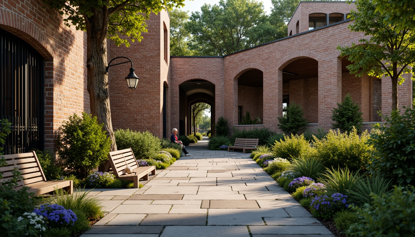 Prompt: Rustic brick walls, weathered stone pathways, lush greenery, blooming flowers, ornate iron gates, wooden benches, vintage street lamps, worn concrete pavilions, distressed wood accents, soft warm lighting, shallow depth of field, 3/4 composition, panoramic view, realistic textures, ambient occlusion.