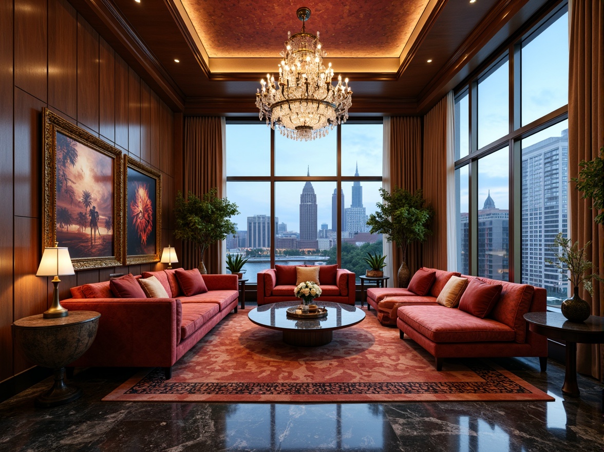 Prompt: Luxurious apartment, Art Deco style, marble floors, metallic accents, ornate patterns, luxurious fabrics, velvet sofas, crystal chandeliers, geometric shapes, metallic finishes, rich wood tones, high-gloss paint, bold color schemes, opulent textures, lavish decorations, dramatic lighting, low-angle photography, cinematic composition, vibrant cityscape views, urban skyline, busy streets, modern skyscrapers.