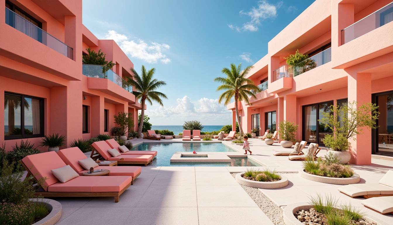 Prompt: Vibrant coral hues, pastel pink accents, soft peach tones, natural beach-inspired textures, wavy patterns, ocean-breeze freshness, bright sunny day, shallow depth of field, 1/1 composition, symmetrical architecture, modern coastal buildings, large windows, sliding glass doors, driftwood decorative elements, nautical ropes, tropical plants, ambient occlusion, warm soft lighting.