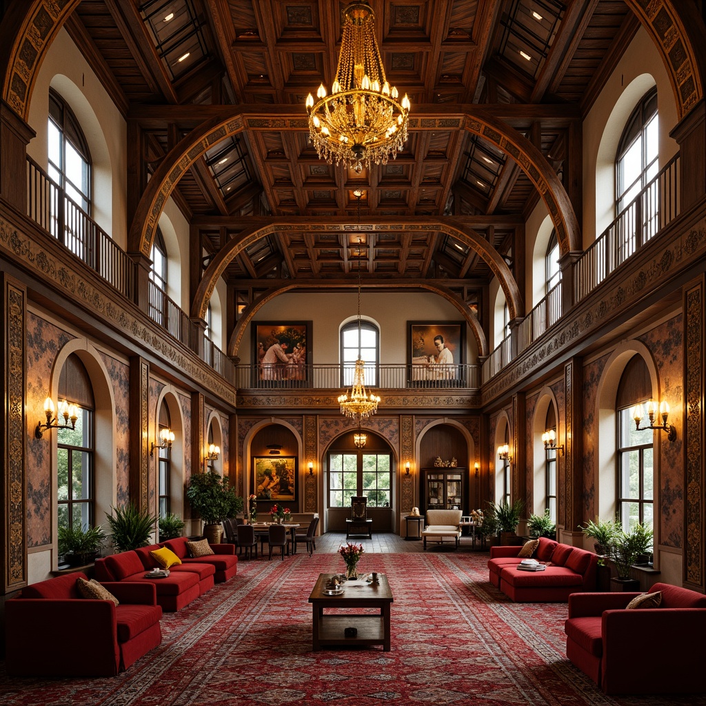 Prompt: Grandiose loft space, vaulted ceilings, Byzantine-inspired architecture, ornate golden accents, intricate mosaic patterns, rich jewel-toned colors, luxurious velvet fabrics, regal chandeliers, dramatic archways, rustic wooden beams, atmospheric warm lighting, soft focus blur, shallow depth of field, 1/2 composition, realistic textures, ambient occlusion.