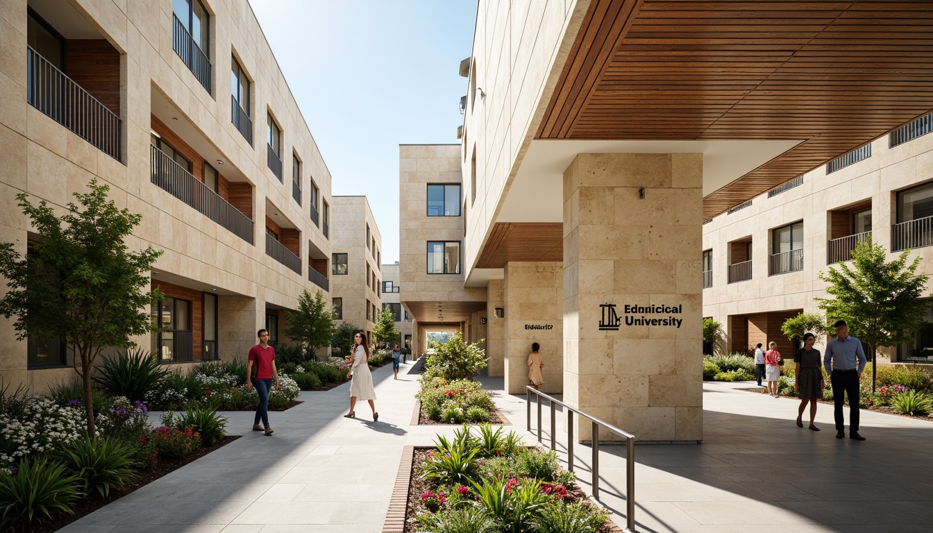 Prompt: Modern university campus, harmonious color scheme, earthy tones, natural stone facades, warm beige walls, rich wood accents, vibrant greenery, educational signage, sleek metal railings, minimalist decor, abundant natural light, softbox lighting, 1/1 composition, realistic textures, ambient occlusion.