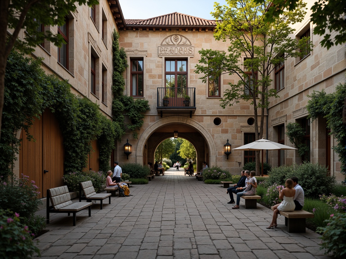 Prompt: Rustic university facade, ivy-covered walls, ornate stone carvings, grand entrance archways, stained glass windows, intricate wooden doors, vintage lanterns, cobblestone pathways, lush greenery, blooming flowers, quaint benches, romantic gazebos, soft warm lighting, shallow depth of field, 3/4 composition, panoramic view, realistic textures, ambient occlusion.