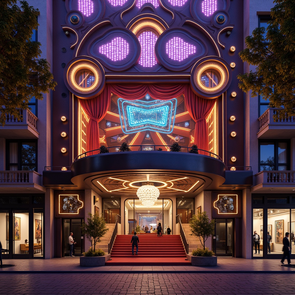 Prompt: Vibrant theater facade, eclectic architectural style, ornate decorations, grand entrance, sweeping staircases, luxurious chandeliers, rich textiles, opulent furnishings, bold color schemes, intricate patterns, dynamic lighting effects, spotlights, fog machines, abstract shapes, futuristic materials, iridescent glass, metallic accents, 3D modeling, high-contrast rendering, cinematic atmosphere, dramatic camera angles, low-key lighting, misty ambiance.