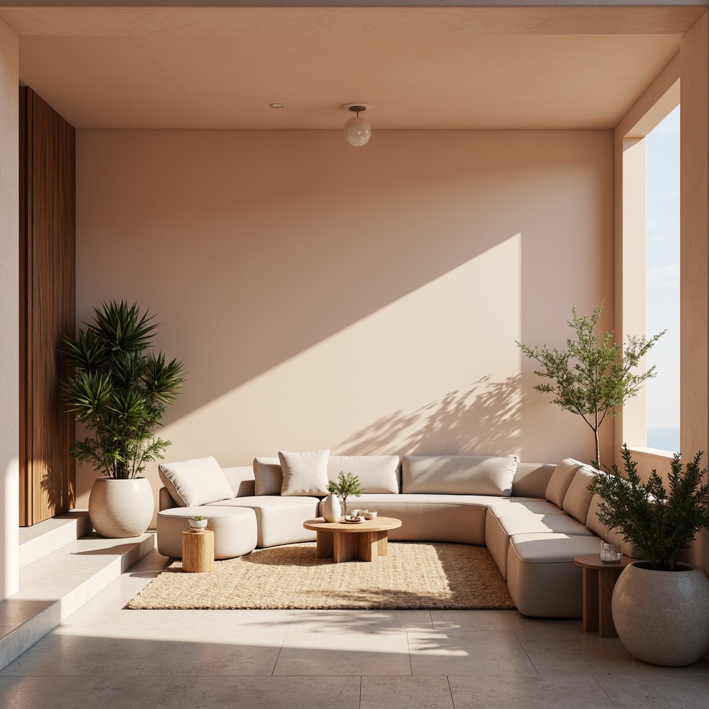 Prompt: Soft peach hues, creamy whites, rich wood tones, earthy browns, calming blues, natural stone textures, minimalist modern furniture, subtle metallic accents, warm ambient lighting, shallow depth of field, 2/3 composition, serene atmosphere, realistic material rendering.