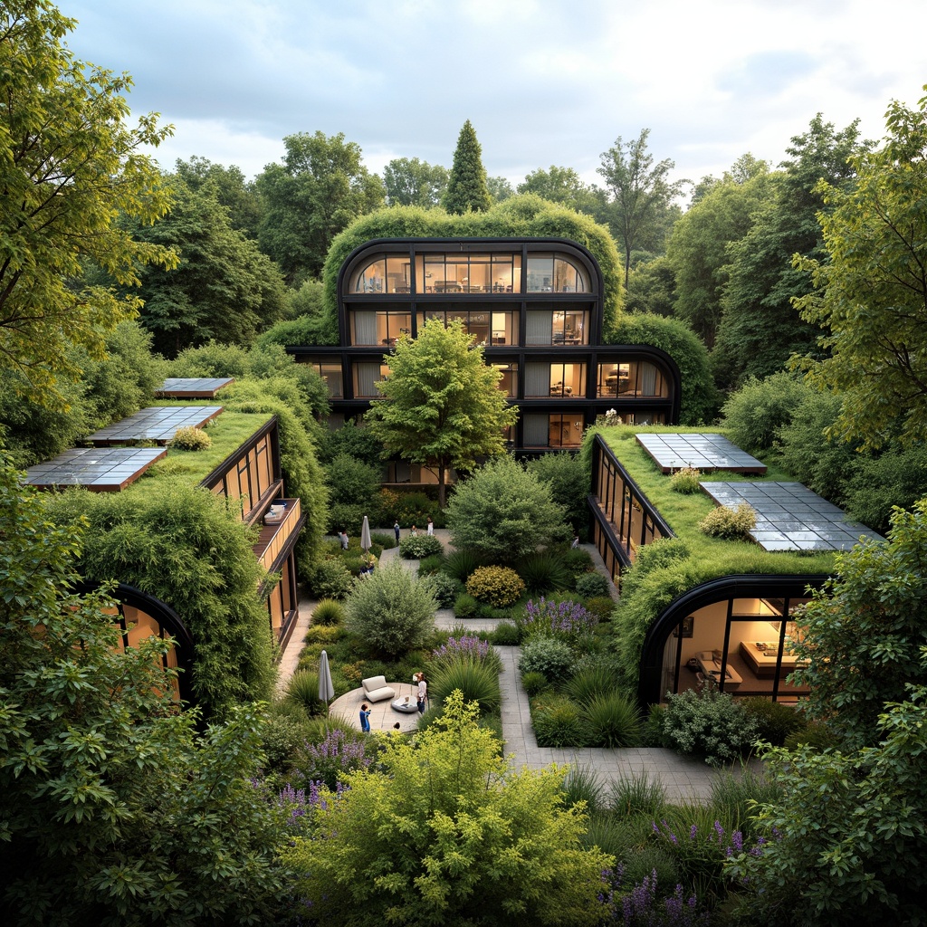 Prompt: Lush green roofs, verdant walls, solar panels, wind turbines, eco-friendly materials, bamboo structures, reclaimed wood accents, floor-to-ceiling windows, skylights, clerestory windows, natural ventilation systems, passive design strategies, energy-efficient solutions, organic forms, curvaceous lines, earthy color palette, living walls, green facades, botanical gardens, serene ambiance, soft diffused lighting, warm color tones, 1/1 composition, intimate scale, realistic textures.