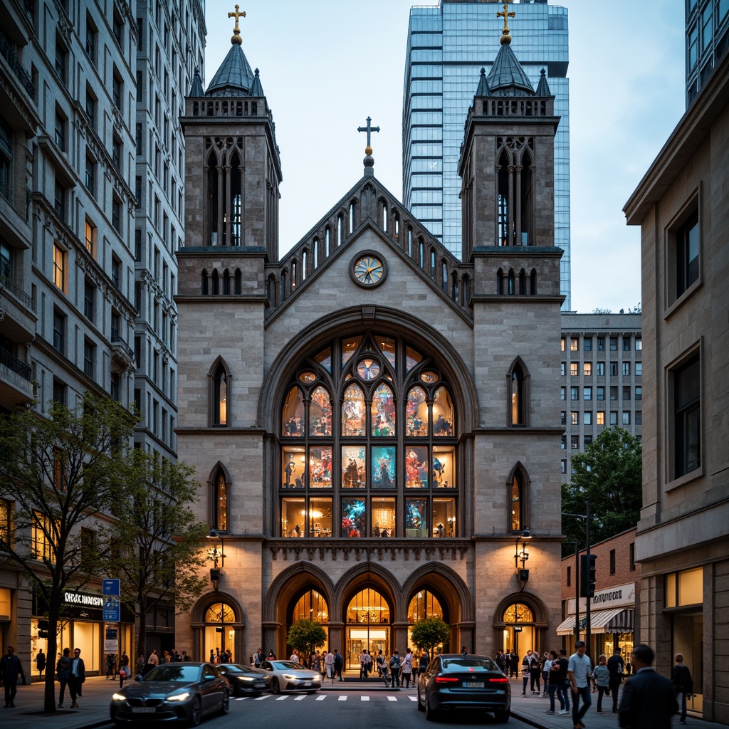 Prompt: Historic church facade, Gothic Revival architecture, intricately carved stone walls, stained glass windows, grand entrance doors, urban cityscape background, busy streets, modern skyscrapers, bustling pedestrians, vibrant street art, eclectic mix of old and new buildings, ornate clock towers, dramatic lighting effects, low-angle composition, cinematic atmosphere, warm golden hour, soft focus, shallow depth of field.