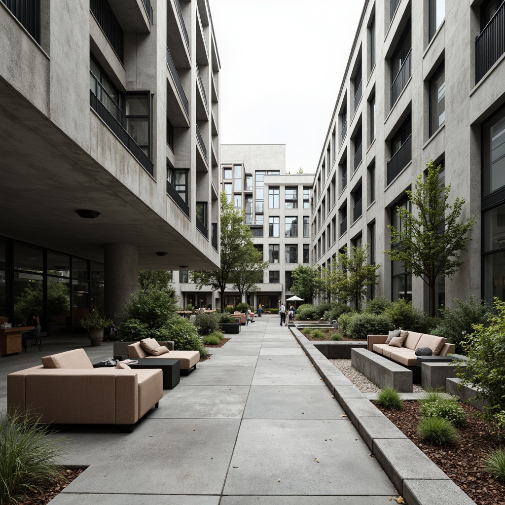 Prompt: Rugged brutalist buildings, raw concrete textures, industrial-style outdoor furniture, minimalist landscaping, sparse greenery, weathered steel accents, functional walkways, stepped seating areas, elevated planters, urban cityscape views, overcast skies, dramatic shadows, high-contrast lighting, 1/1 composition, symmetrical framing, bold architectural forms, geometric patterns, exposed ductwork, industrial-style lighting fixtures, poured concrete flooring.