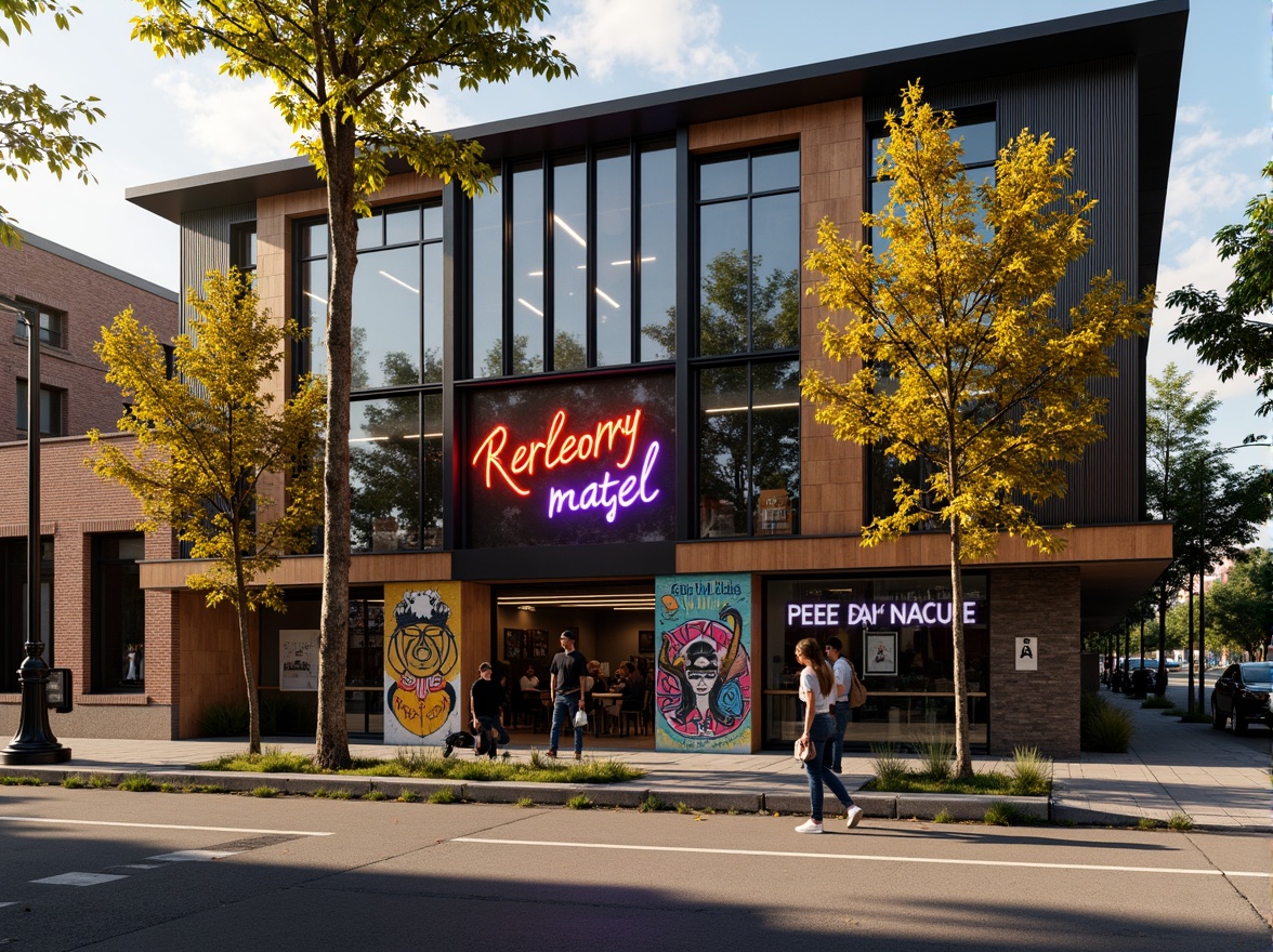 Prompt: Vibrant music venue, social housing facade, eclectic mix of materials, reclaimed wood accents, industrial metal frames, colorful street art murals, neon signage, lively urban atmosphere, bustling streetscape, afternoon sunlight, warm golden lighting, shallow depth of field, 1/1 composition, realistic textures, ambient occlusion.