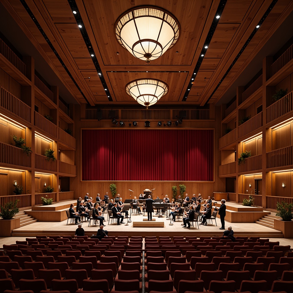 Prompt: Elegant concert hall, rich wooden interior, premium sound quality, reverberant acoustics, tiered seating, ornate balconies, grand chandeliers, luxurious red velvet curtains, polished marble floors, sophisticated lighting systems, adjustable acoustic panels, optimal speaker placement, high-fidelity audio equipment, intimate performance spaces, atmospheric ambiance, warm soft lighting, shallow depth of field, 2/3 composition, symmetrical architecture, refined textures, subtle material nuances.