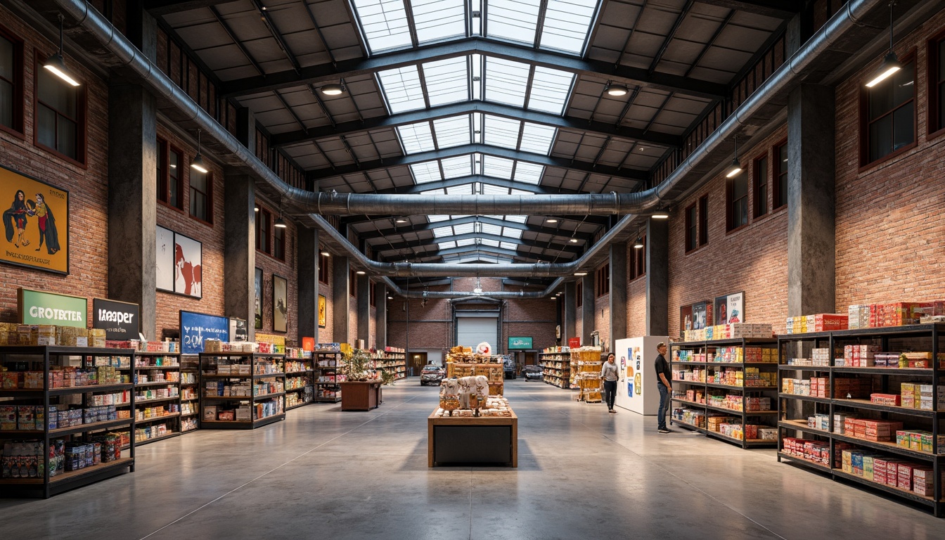 Prompt: Industrial warehouse interior, exposed brick walls, metal beams, concrete floors, minimalist decor, neutral color palette, bold accent colors, natural light, clerestory windows, skylights, open shelving systems, storage racks, colorful product displays, branding signage, modern industrial lighting fixtures, warm atmospheric ambiance, softbox lighting effects, 2/3 composition, symmetrical framing, high contrast ratio, realistic textures, ambient occlusion.