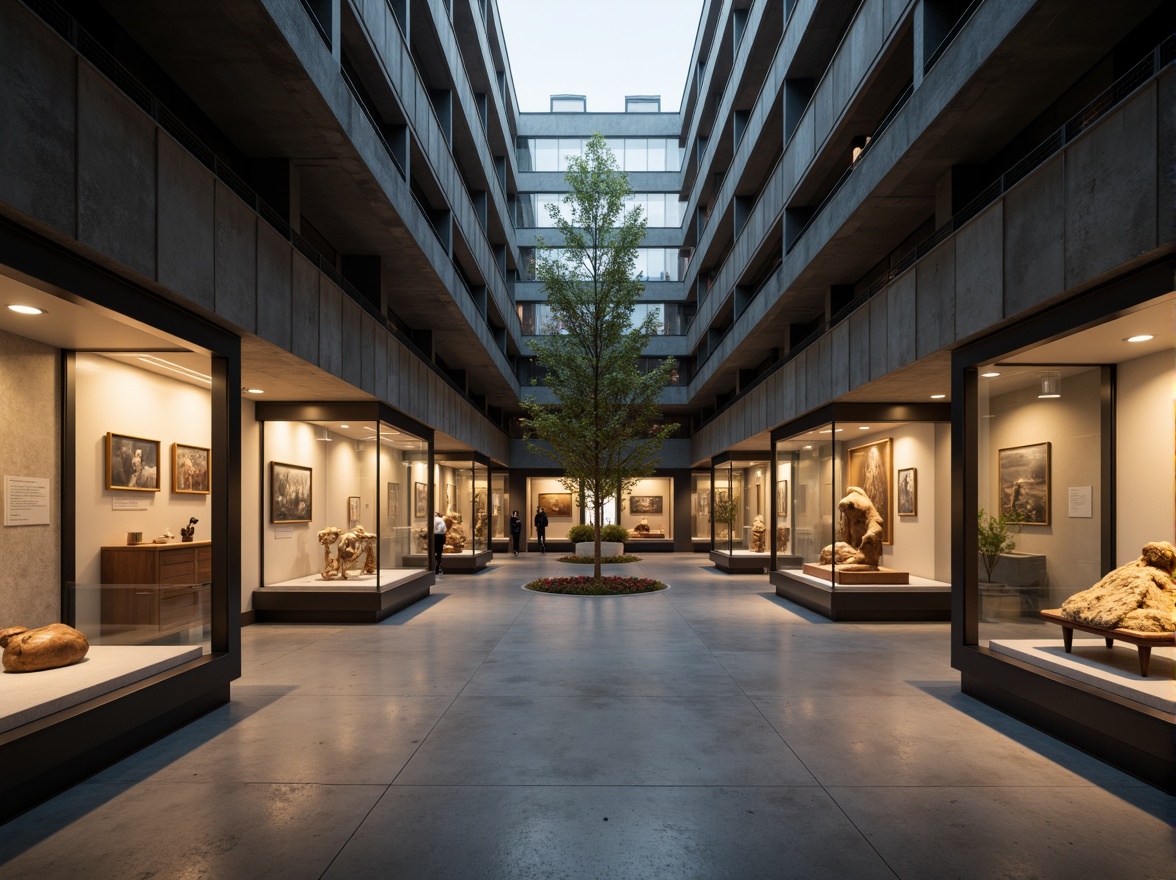 Prompt: Streamlined modern museum interior, minimalist exhibit spaces, subtle warm lighting, soft diffused shadows, spotlights on artifacts, gentle ambient glow, sleek metal accents, polished concrete floors, floor-to-ceiling windows, natural daylight, softbox lighting, 1/2 composition, low-key dramatic lighting, realistic textures, ambient occlusion.