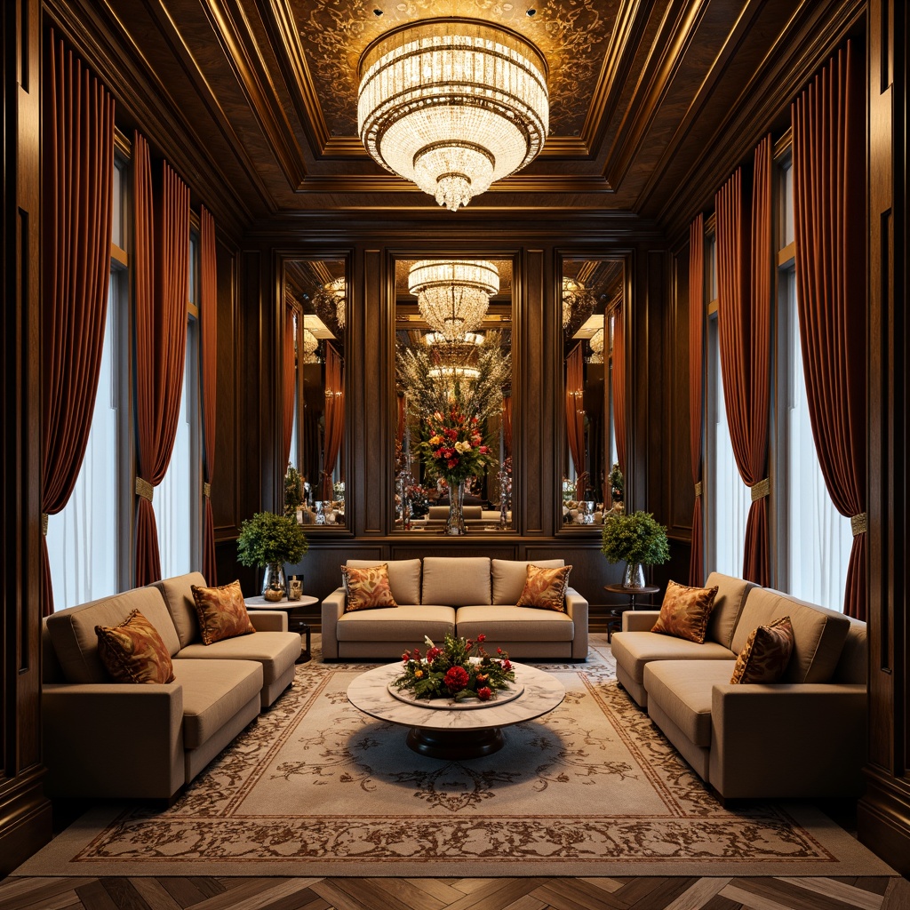 Prompt: Luxurious apartment, Art Deco style, ornate metalwork, geometric patterns, bold typography, lavish furnishings, velvet drapes, crystal chandeliers, marble flooring, metallic accents, glossy finishes, opulent textiles, rich wood tones, curved lines, zigzag motifs, sunburst designs, stylized florals, golden lighting fixtures, dramatic shadows, cinematic composition, high-contrast colors, ornate mirrors, and intricate moldings.