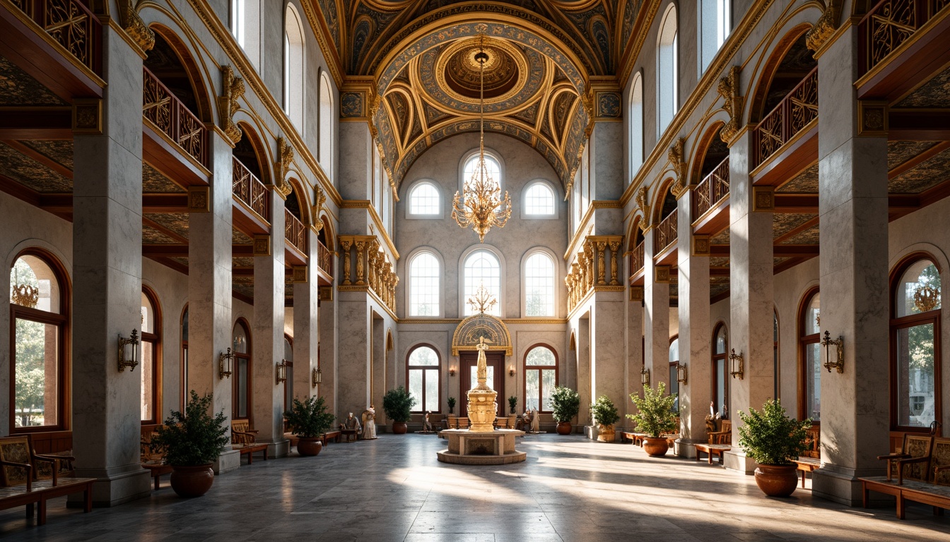 Prompt: Grand Byzantine cathedral, high vaulted ceilings, ornate golden mosaics, intricately carved marble columns, expansive open floor plan, airy atmosphere, natural light pouring through clerestory windows, grand chandeliers, polished stone floors, luxurious fabrics, opulent furnishings, regal ambiance, warm soft lighting, shallow depth of field, 1/1 composition, symmetrical framing, ornate archways, lavish decorations, rich cultural heritage.