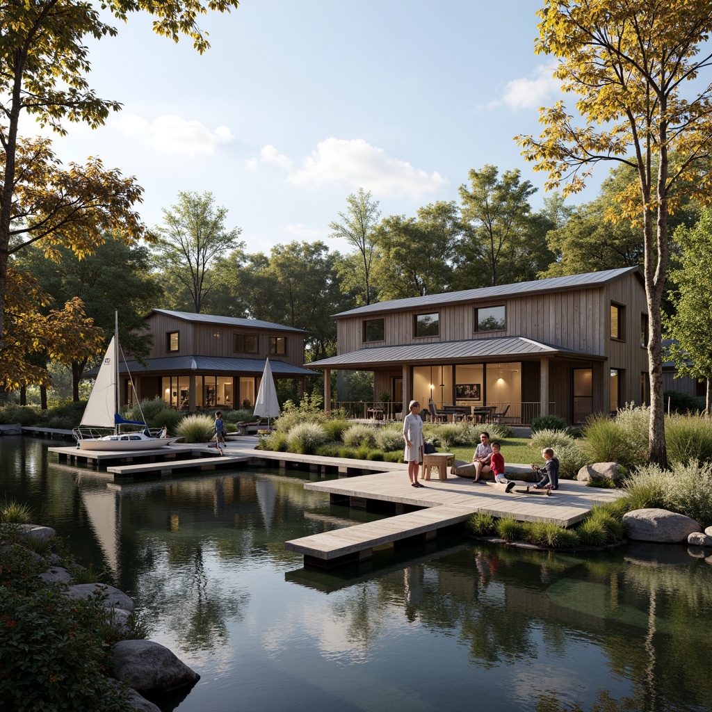 Prompt: Rustic boathouse, waterfront location, wooden docks, sailing boats, tranquil lake scene, eco-friendly materials, reclaimed wood accents, bamboo flooring, low-carbon concrete, recycled metal roofing, solar panels, green roofs, living walls, natural ventilation systems, large windows, sliding glass doors, minimal ornamentation, earthy color palette, soft warm lighting, 1/1 composition, intimate atmosphere, realistic textures, ambient occlusion.