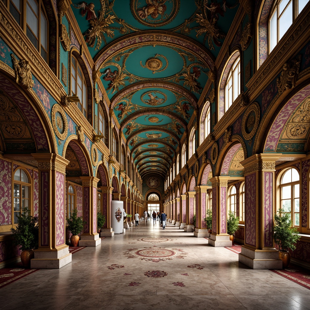 Prompt: Intricate mosaics, golden accents, ornate arches, lavish frescoes, richly patterned textiles, Byzantine-inspired domes, vibrant turquoise hues, regal purple tones, luxurious marble floors, ornamental columns, gilded ceilings, dramatic vaulted roofs, warm ambient lighting, 1/2 composition, atmospheric perspective, highly detailed textures, subtle normal mapping.