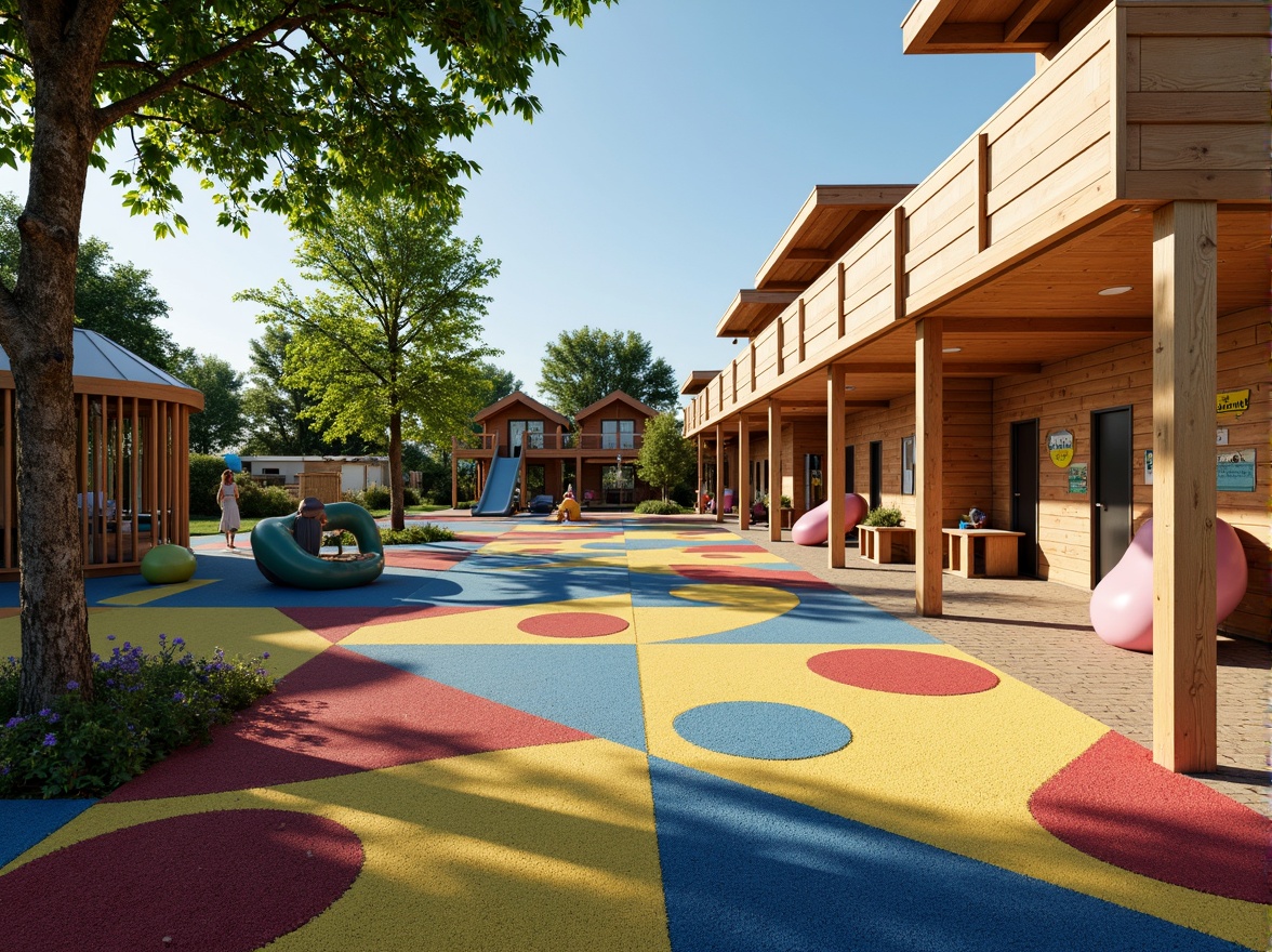 Prompt: Vibrant playground, textured rubber flooring, colorful hopscotch designs, playful murals, whimsical sculptures, climbing walls, rope nets, wooden playhouses, soft padded surfaces, rounded edges, bright sunny day, warm gentle lighting, shallow depth of field, 1/1 composition, realistic textures, ambient occlusion.