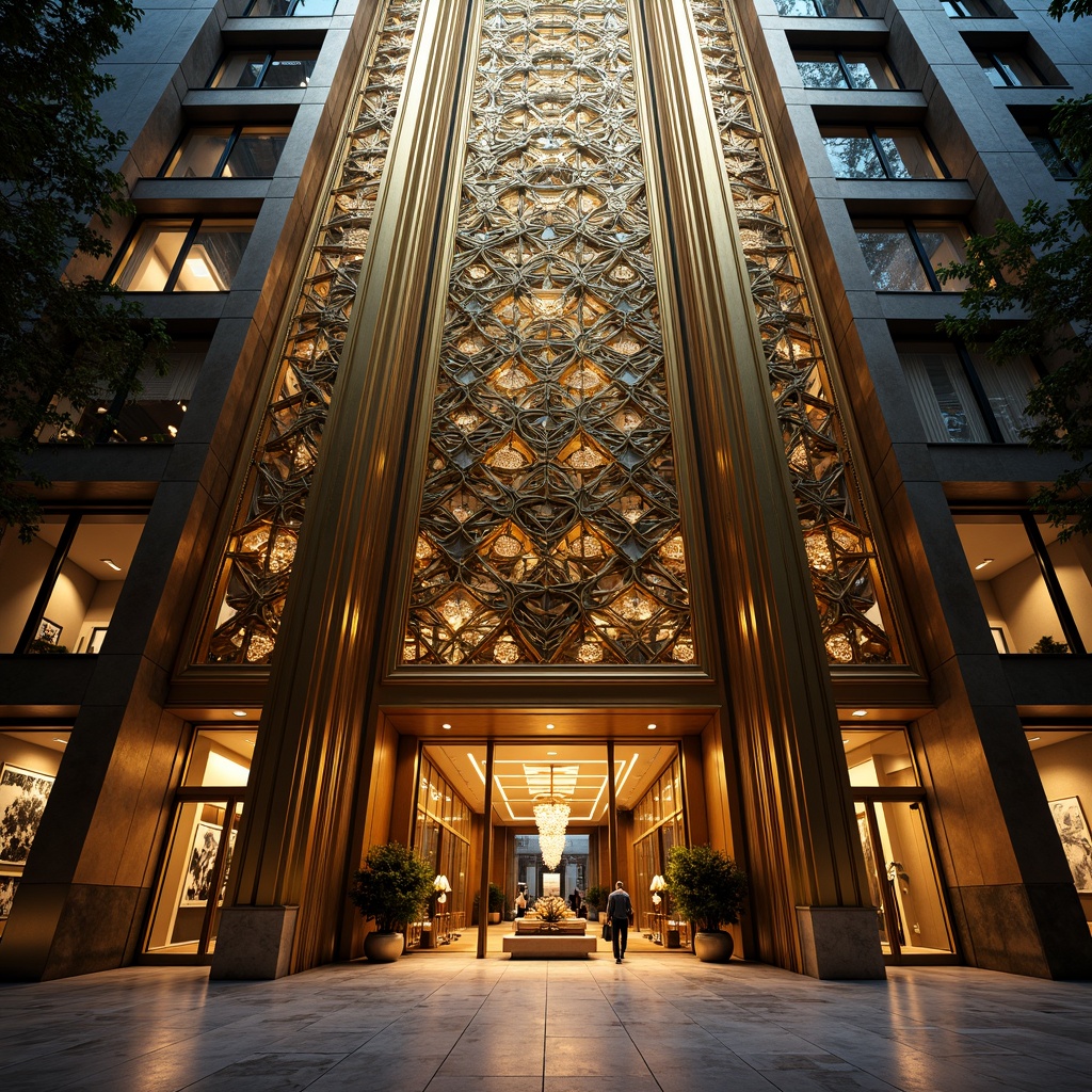 Prompt: Luxurious skyscraper, ornate Art Deco facade, metallic materials, geometric patterns, chevron motifs, zigzag accents, lavish ornamentation, symmetrical composition, grand entrance, polished marble floors, chrome-plated details, crystal chandeliers, opulent textures, vibrant gold leafing, dramatic verticality, high-contrast lighting, deep shadows, cinematic atmosphere, bird's eye view, low-angle shot, 1/1 composition, realistic reflections.