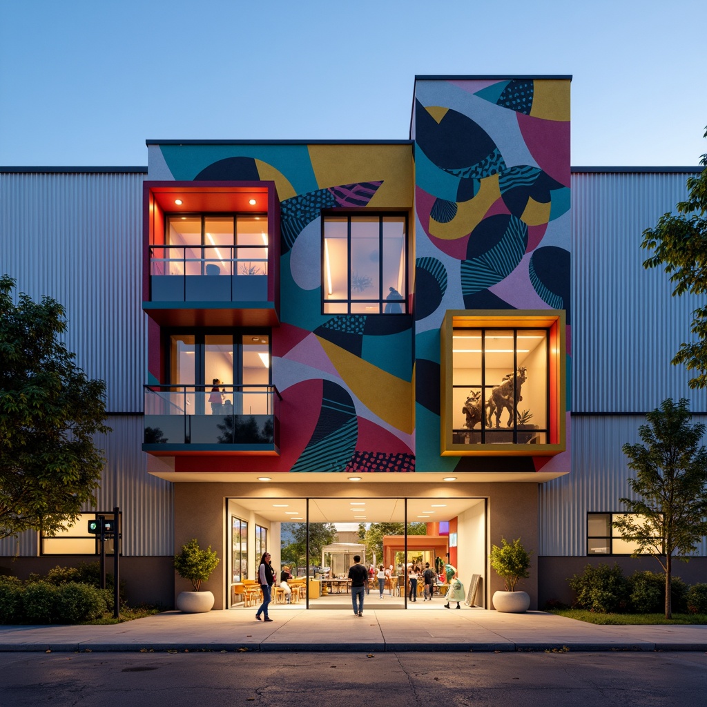 Prompt: Vibrant middle school facade, expressionist architecture, irregular shapes, bold color blocking, dynamic angles, abstract murals, artistic mosaics, playful patterns, whimsical sculptures, eclectic mix of materials, textured concrete walls, corrugated metal panels, translucent glass accents, modern LED lighting, dramatic shadows, moody atmospheric effects, cinematic composition, 1/2 shot framing, warm golden hour lighting, shallow depth of field, ambient occlusion.