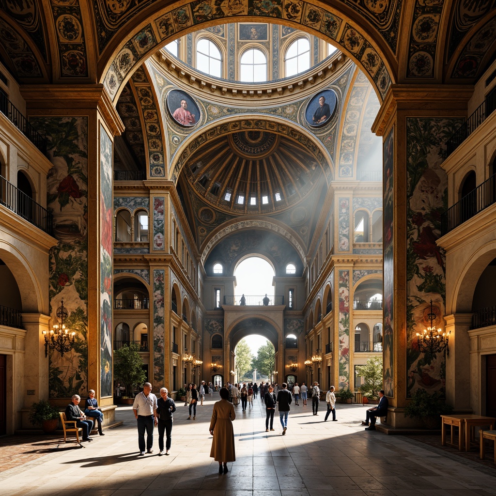 Prompt: Grand Byzantine cathedral, majestic dome, ornate mosaics, vibrant golden accents, intricate stone carvings, spacious open floor plan, airy atmosphere, natural light pouring through clerestory windows, elegant arches, sweeping curves, luxurious marble flooring, plush velvet drapes, regal chandeliers, dramatic high ceilings, warm ambient lighting, subtle shadows, 1/2 composition, wide-angle lens, detailed textures, atmospheric rendering.