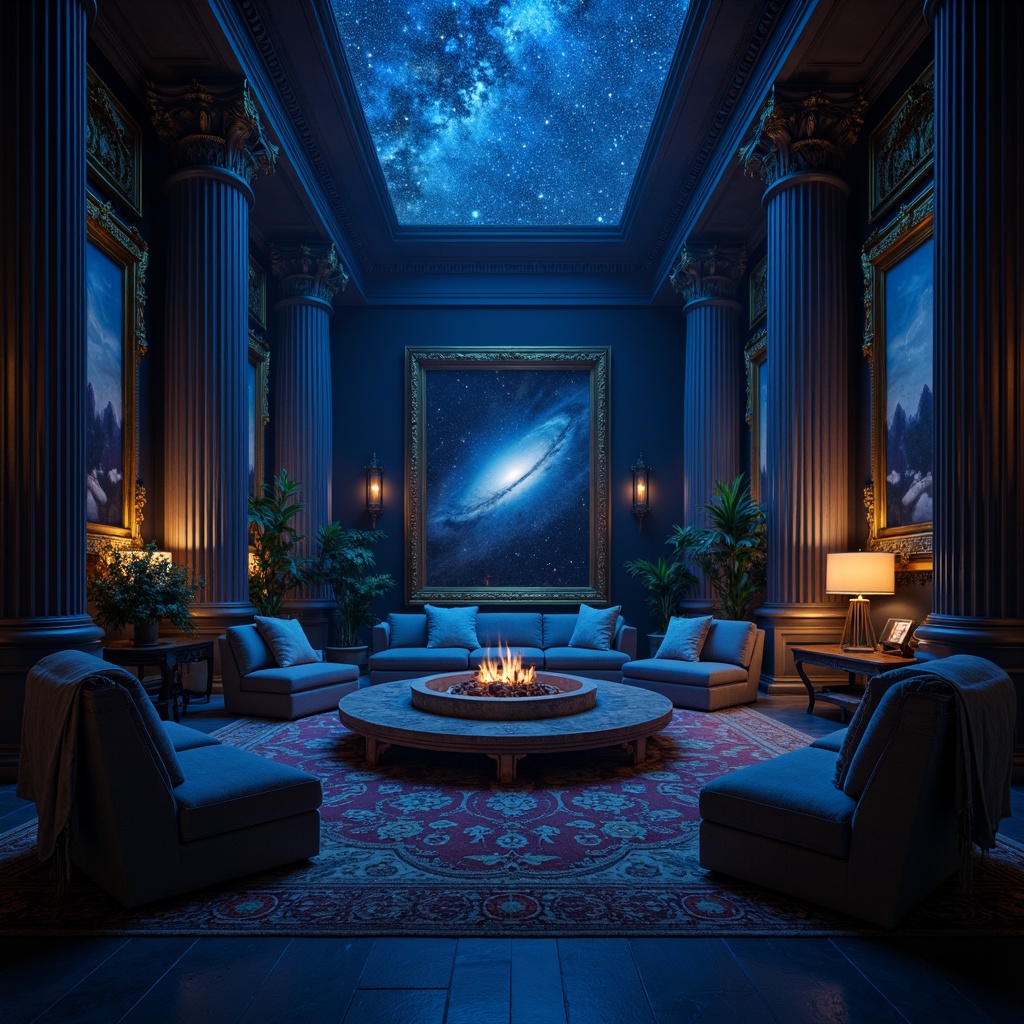 Prompt: Mystical indigo night sky, twinkling stars, celestial bodies, glowing nebulas, dark blue hues, rich velvet textures, luxurious fabrics, ornate golden frames, mystical ancient artifacts, mysterious hidden chambers, dim warm lighting, shallow depth of field, 1/1 composition, realistic atmospheric effects.