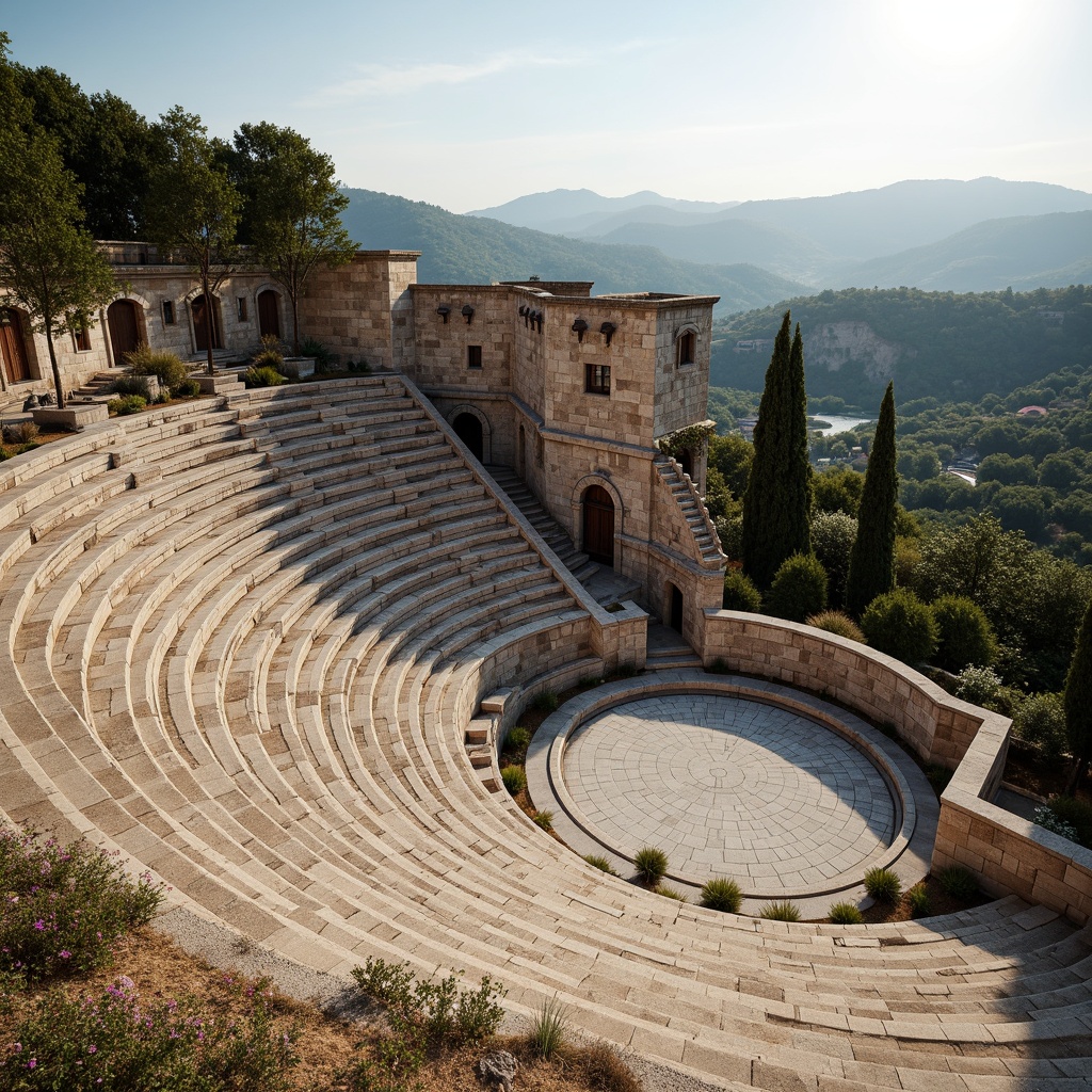 Prompt: Ancient Greek amphitheater, tiered seating, stone steps, curved architecture, natural landscape, surrounding hills, lush greenery, sunny day, warm atmosphere, soft warm lighting, shallow depth of field, 3/4 composition, panoramic view, realistic textures, ambient occlusion, optimal sound reflection, acoustic resonance, clear vocal projection, minimal echo, even sound distribution, tiered seating arrangement, ornate stone carvings, rustic natural materials, earthy color palette.