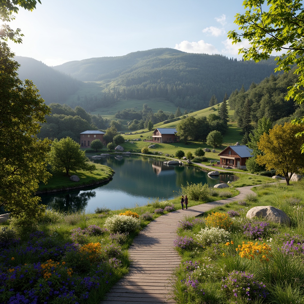 Prompt: Sweeping hills, lush green forests, serene lakeside, rustic wooden bridges, meandering walking paths, native wildflowers, organic architecture, curved lines, natural stone fa\u00e7ades, earthy color palette, abundant daylight, soft warm lighting, shallow depth of field, 1/1 composition, panoramic view, realistic textures, ambient occlusion, harmonious blend of nature and structure.