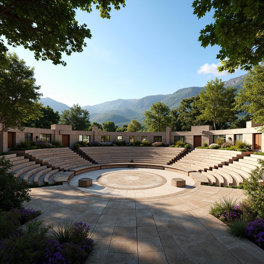 Prompt: Natural stone amphitheater, curved seating arrangement, lush green surroundings, distant mountains, clear blue sky, warm sunny day, soft natural lighting, optimal sound reflection, acoustic resonance, precise speaker placement, minimal echo, crystal-clear audio quality, 3D spatial audio experience, immersive atmosphere, harmonious sound diffusion, ergonomic audience seating, weather-resistant canopy, durable construction materials, subtle texture variations, earthy color palette, organic architectural forms, panoramic view, shallow depth of field, realistic textures, ambient occlusion.