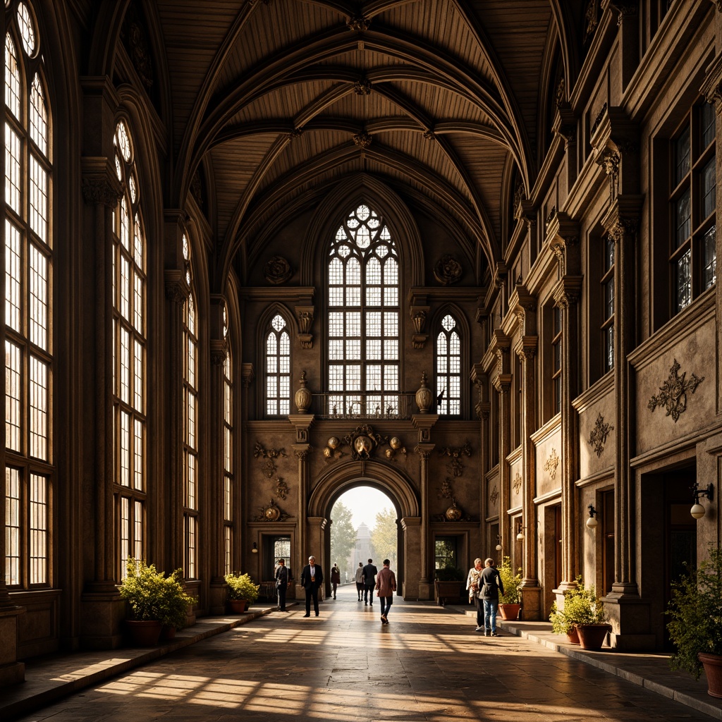 Prompt: Intricate Gothic architecture, ornate aluminium details, weathered metal textures, oxidized bronze tones, pointed arches, ribbed vaults, flying buttresses, stained glass windows, grandiose entrance doors, mystical ambiance, warm golden lighting, shallow depth of field, 1/2 composition, cinematic view, realistic reflections, ambient occlusion.