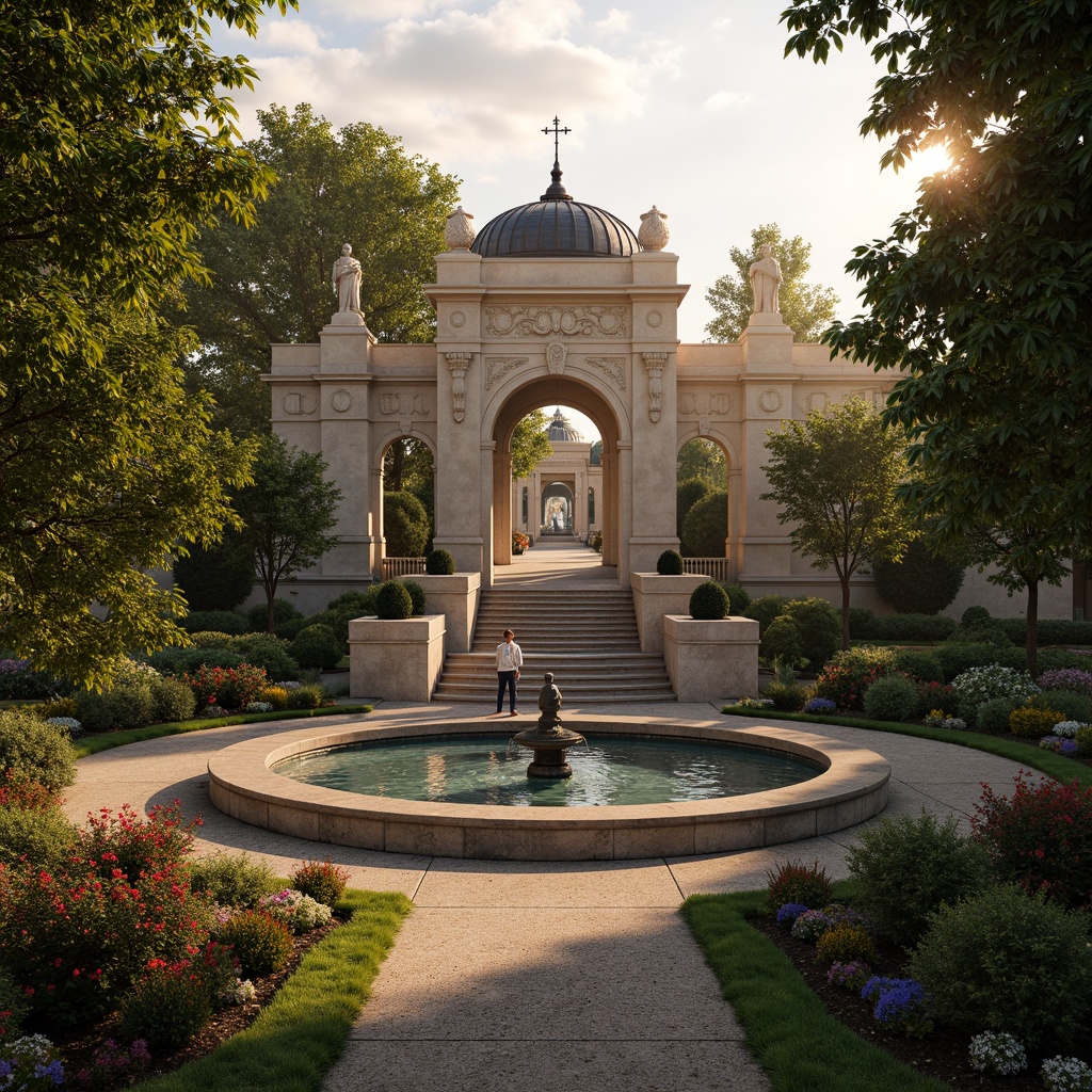 Prompt: Ornate fountain, grandiose statues, luxuriant gardens, winding pathways, intricately carved stone walls, ornamental hedges, vibrant flowerbeds, majestic trees, dramatic lighting, warm golden hour, soft focus, shallow depth of field, 2/3 composition, symmetrical balance, rich textures, ambient occlusion, French Renaissance-inspired architecture, grand entrance gates, sweeping staircases, elegant balustrades.