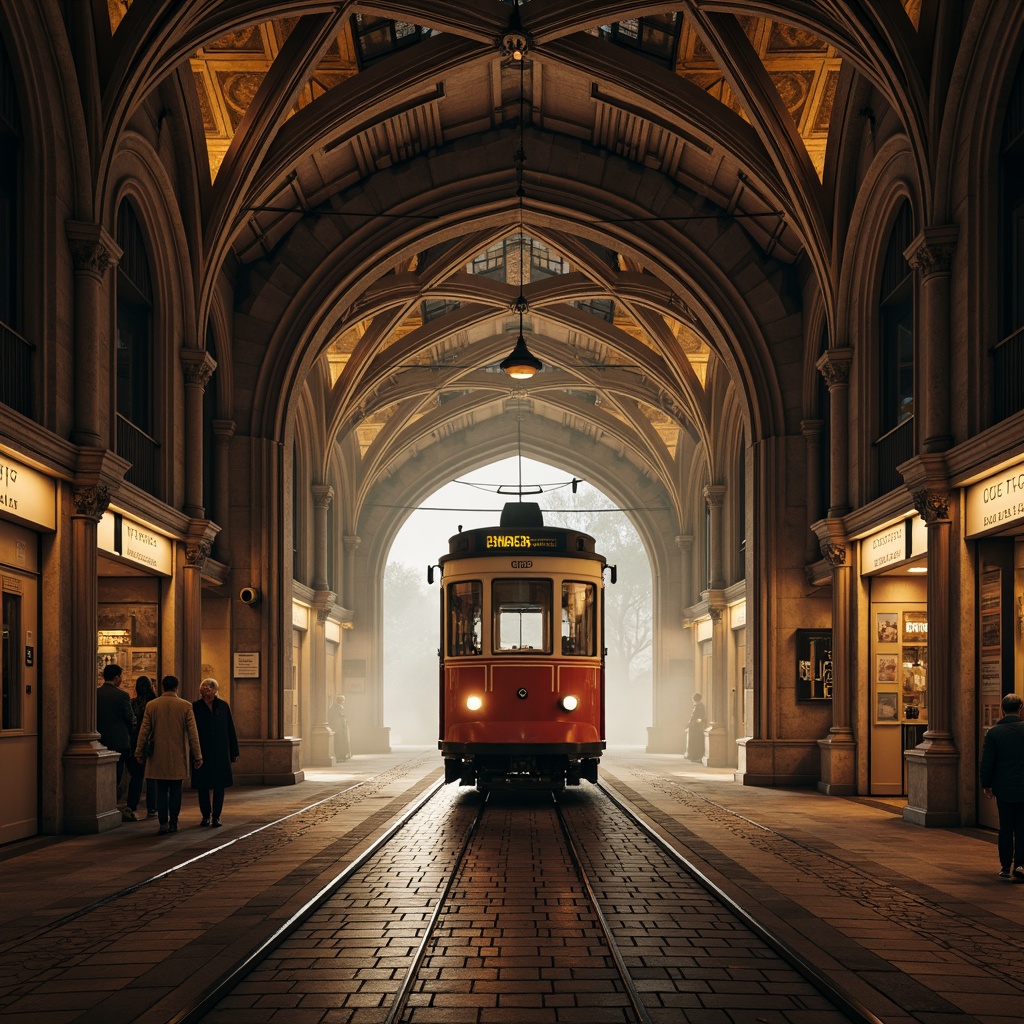 Prompt: Intricate tram station, grand archways, Gothic Revival style, ornate stone carvings, ribbed vaults, pointed arches, stained glass windows, majestic entrance halls, high ceilings, dramatic lighting, atmospheric fog effects, misty mornings, warm golden lighting, 1/1 composition, symmetrical framing, rich textures, ambient occlusion.