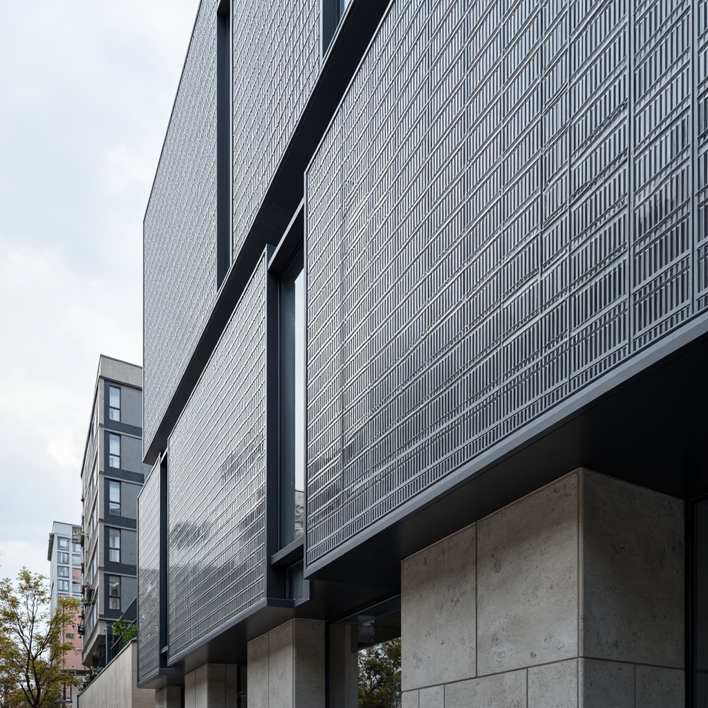 Prompt: Modern building facade, perforated metal cladding, industrial aesthetic, urban cityscape, grey concrete background, intricate pattern design, natural light filtering, airy atmosphere, minimalist architecture, clean lines, sleek metal frames, subtle texture variation, anodized aluminum finish, reflective surface treatment, 1/1 composition, shallow depth of field, realistic material rendering.