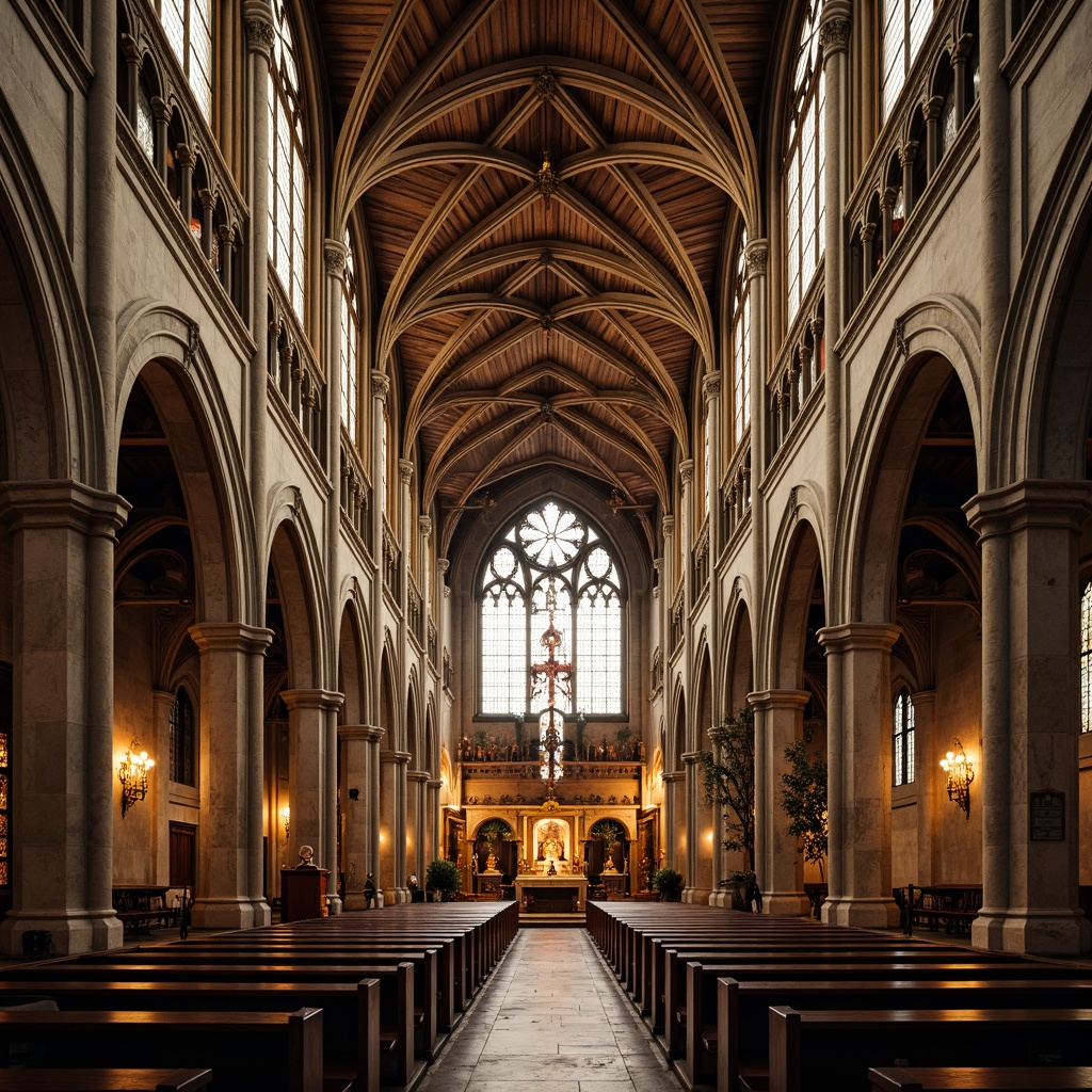 Prompt: Gothic church, ornate stone carvings, stained glass windows, ribbed vaults, pointed arches, flying buttresses, grandiose nave, intricate tracery, vibrant frescoes, ornamental pinnacles, sacred relics, reverent atmosphere, warm golden lighting, dramatic shadows, high-angle shot, 1/1 composition, symmetrical framing, detailed textures, ambient occlusion.