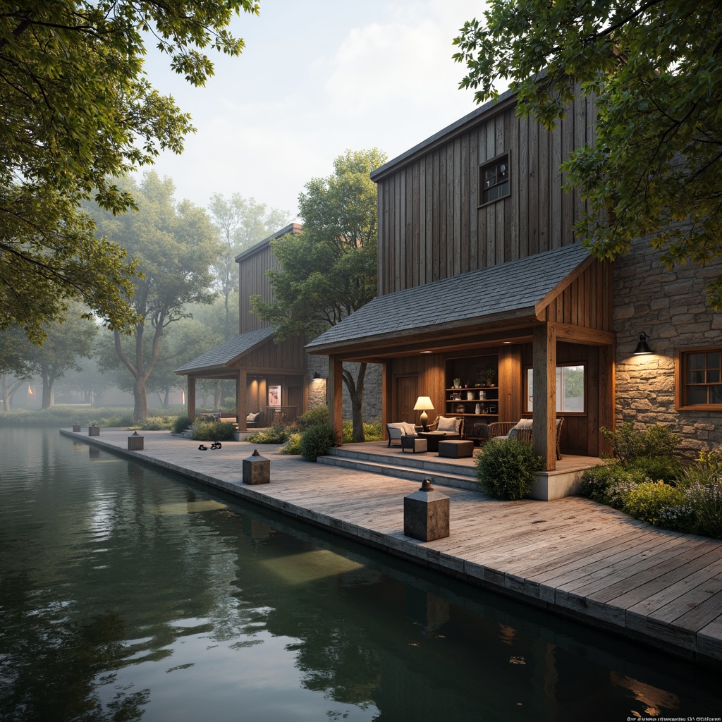 Prompt: Rustic boathouse, wooden docks, serene lakefront, calm waters, lush greenery, natural stone walls, earthy tones, weathered wood accents, nautical ropes, vintage anchors, distressed metal lanterns, soft warm lighting, misty morning atmosphere, shallow depth of field, 1/1 composition, realistic textures, ambient occlusion.Please let me know if this meets your requirements or if I need to make any adjustments!