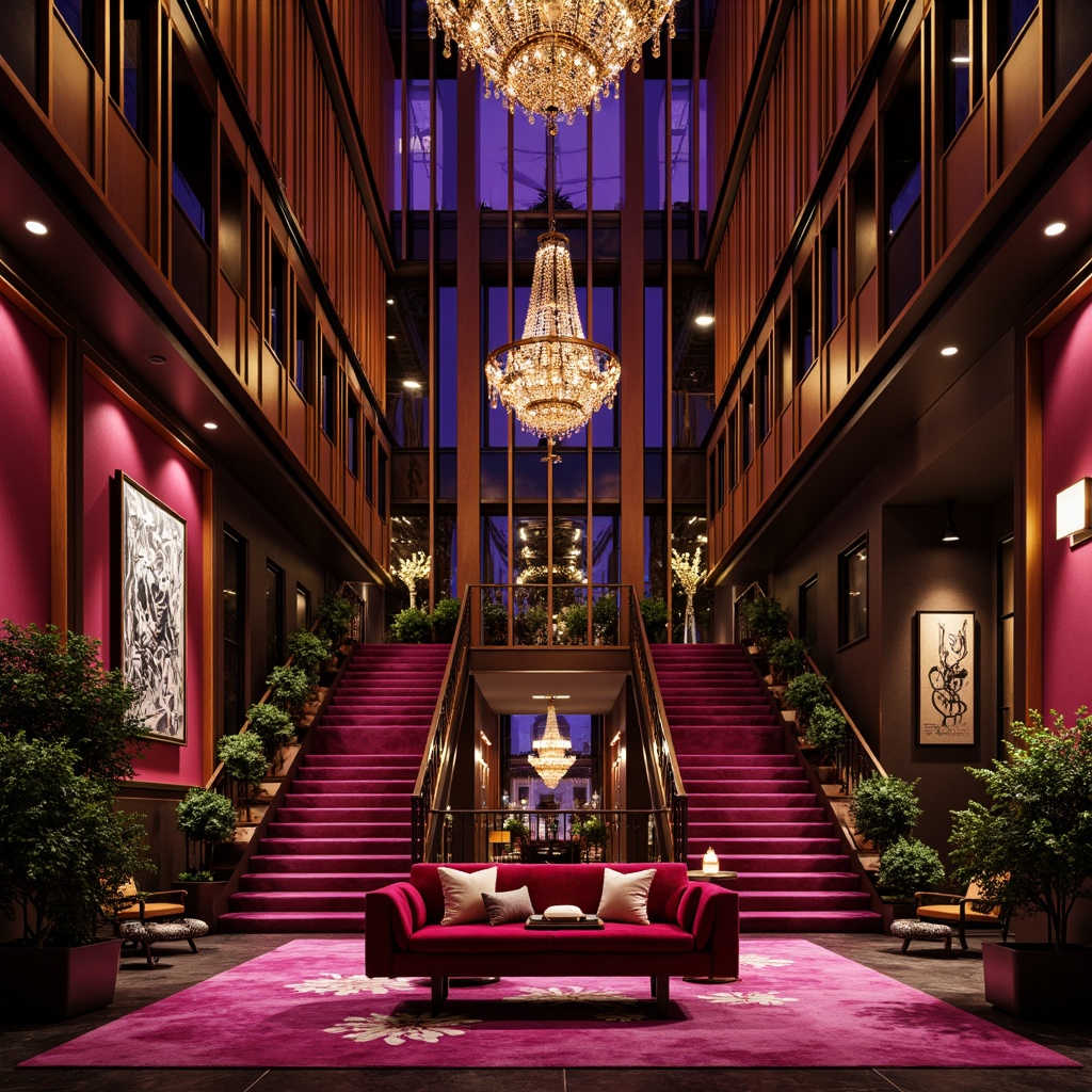 Prompt: Rich plum-colored accents, luxurious velvet textures, ornate golden details, sophisticated modern architecture, sleek glass facades, bold geometric patterns, dramatic nighttime lighting, warm ambient glow, deep berry-toned wood panels, plush crimson furnishings, lavish marble floors, opulent crystal chandeliers, grand staircases, sweeping archways, intimate cozy nooks, vibrant magenta highlights, whimsical abstract artwork, eclectic bohemian decor, moody atmospheric shading, cinematic wide-angle shots, 1/2 composition, shallow depth of field.