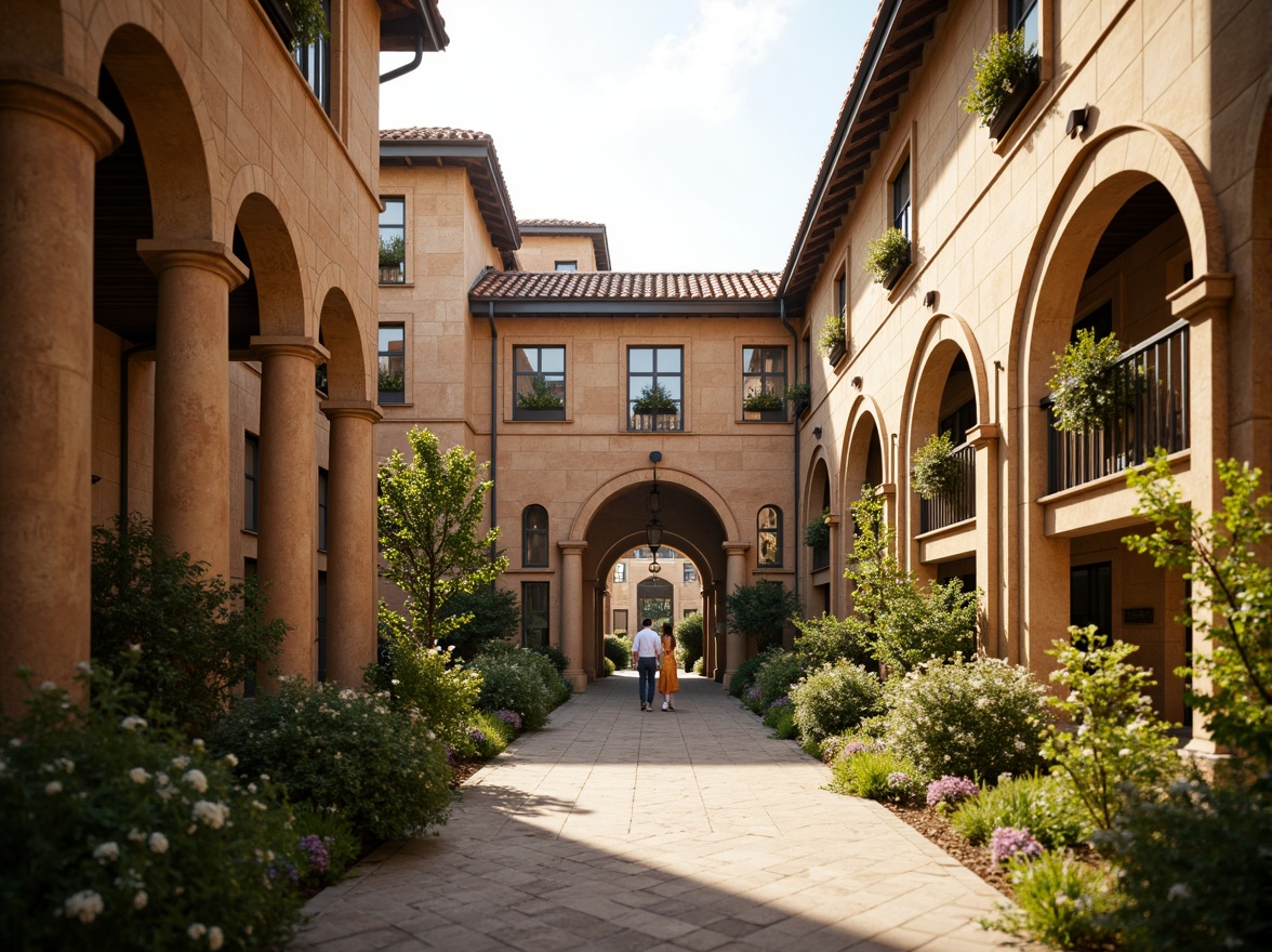 Prompt: Renaissance-style student halls, ornate facades, grand archways, intricate stone carvings, rusticated quoins, classical columns, symmetrical composition, warm beige stonework, terracotta roofing, verdant greenery, overflowing flower boxes, decorative ironwork, lantern-style lighting, soft golden afternoon light, shallow depth of field, 2/3 composition, atmospheric perspective, realistic textures, ambient occlusion.