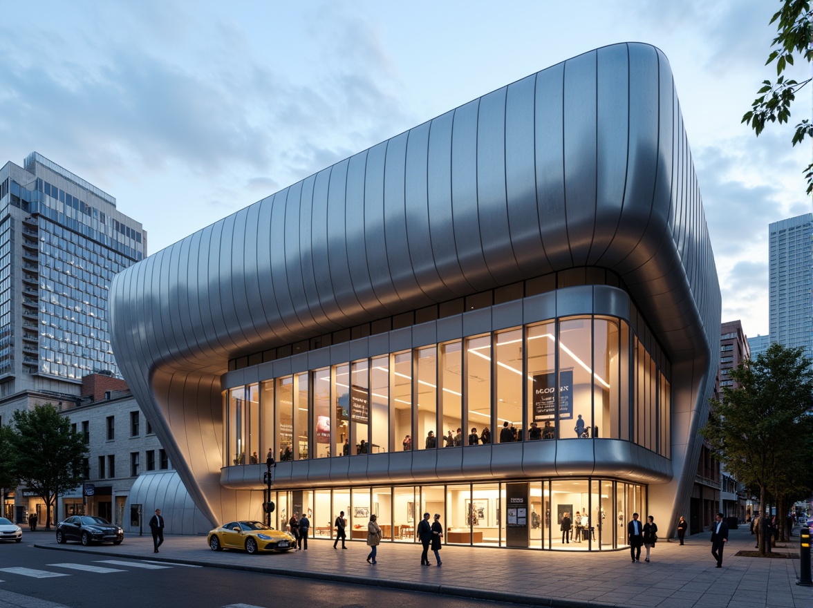 Prompt: Sleek museum facade, modernist architecture, streamlined curves, silver metallic cladding, floor-to-ceiling glass windows, minimalist entrance, cantilevered rooflines, futuristic LED lighting, urban cityscape, bustling streets, daytime natural light, shallow depth of field, 1/2 composition, symmetrical framing, high-contrast textures, ambient occlusion.