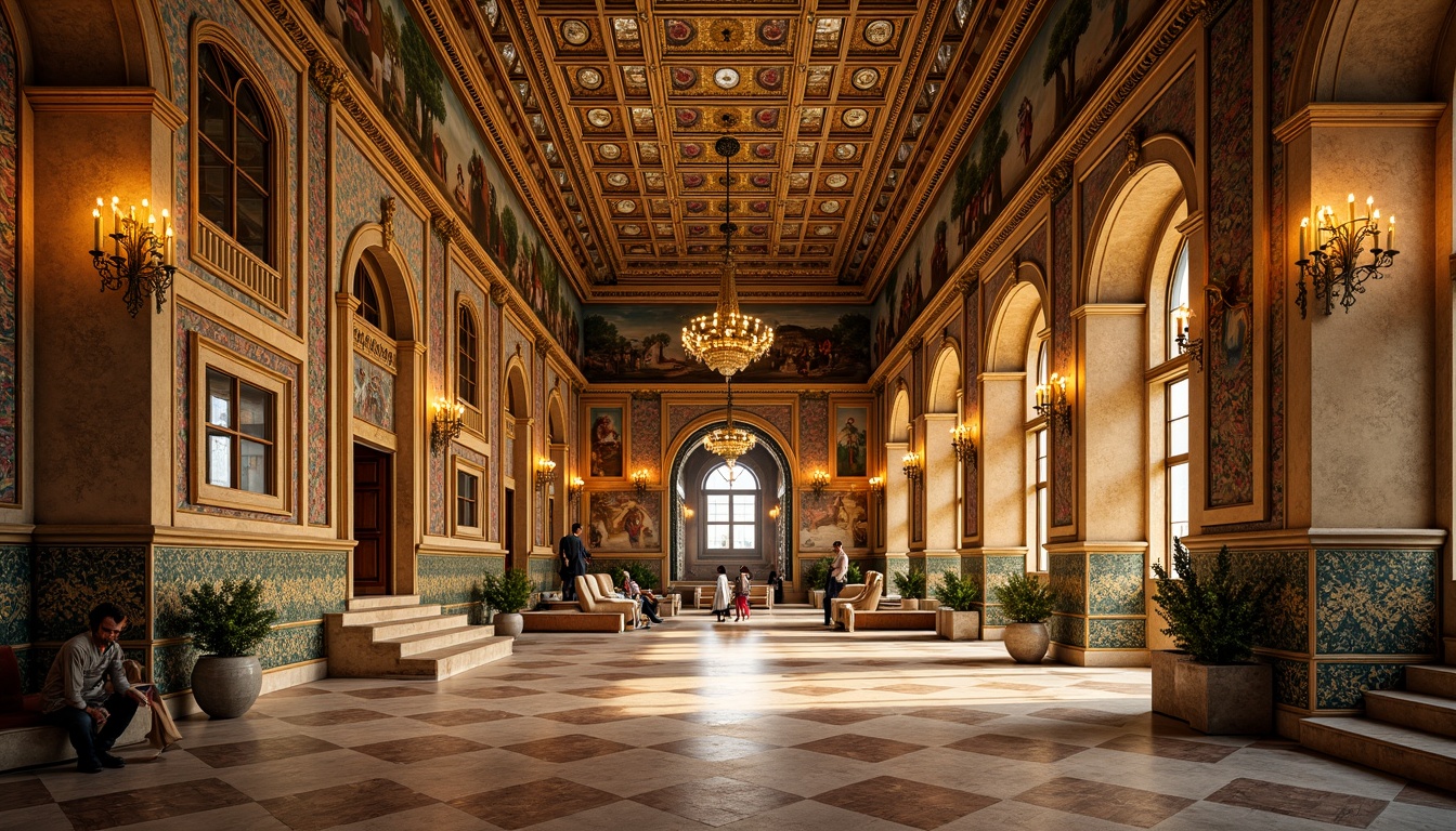 Prompt: Intricate mosaics, golden domes, ornate arches, richly patterned textiles, elaborate stone carvings, vibrant frescoes, grandiose vaulted ceilings, majestic columns, ornamental capitals, luxurious marble floors, symmetrical compositions, warm golden lighting, soft focus, atmospheric perspective, 1/2 composition, detailed ornaments, Byzantine-inspired motifs.