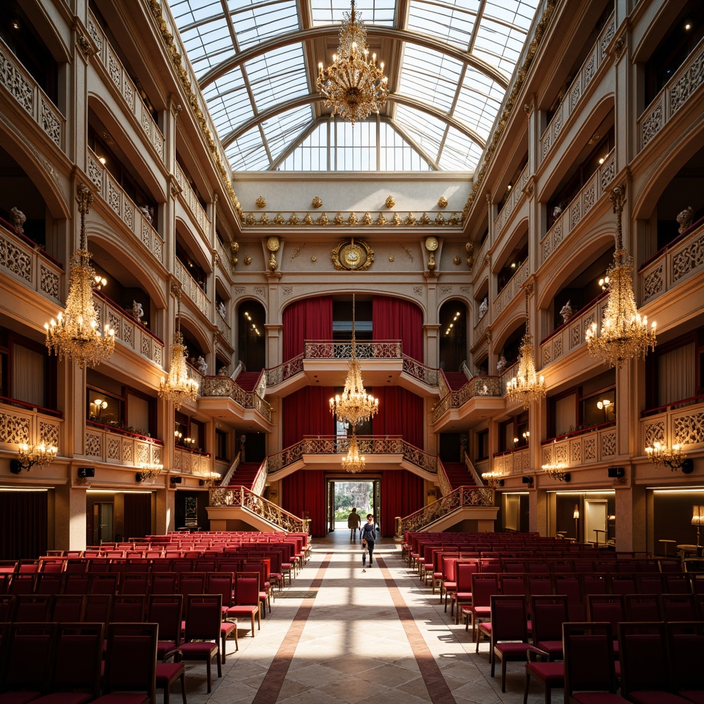 Prompt: Grand opera house, ornate chandeliers, sweeping staircases, red velvet curtains, gilded moldings, majestic high ceilings, natural light pouring in, clerestory windows, skylights, atriums, reflective marble floors, dramatic spotlights, soft warm lighting, shallow depth of field, 3/4 composition, panoramic view, realistic textures, ambient occlusion.