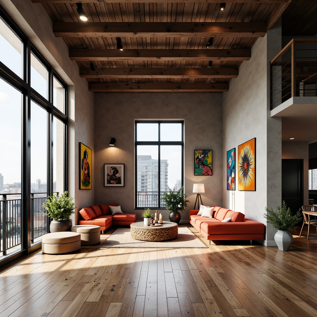 Prompt: Modern interior design, open floor plan, minimalist decor, functional zones, cozy reading nooks, sleek wooden flooring, comfortable seating areas, vibrant accent walls, eclectic artwork, natural light pouring in, large windows, sliding glass doors, urban loft atmosphere, industrial chic elements, exposed brick walls, metal beams, reclaimed wood accents, warm ambient lighting, 1/2 composition, shallow depth of field, realistic textures.