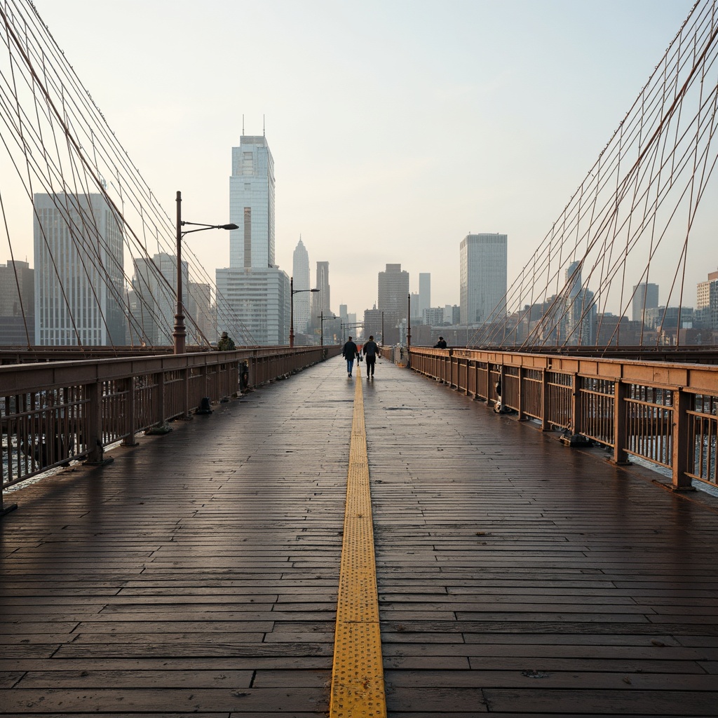 Prompt: Weathered steel bridge, rustic wooden planks, textured concrete piers, suspension cables, industrial metal railings, urban cityscape, misty morning atmosphere, soft warm lighting, shallow depth of field, 3/4 composition, panoramic view, realistic textures, ambient occlusion, modern minimalist architecture, geometric shapes, functional simplicity, durable materials, water reflection, subtle color palette.