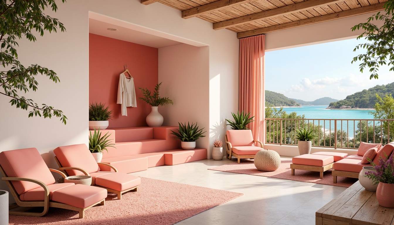 Prompt: Vibrant coral hues, warm inviting atmosphere, pastel pink accents, soft peach tones, creamy white walls, natural stone textures, tropical island vibes, beachy feel, ocean-inspired design, wavy patterns, organic shapes, rounded lines, whimsical decorative elements, pops of bright turquoise, sunny day lighting, shallow depth of field, 1/1 composition, realistic renderings, ambient occlusion.