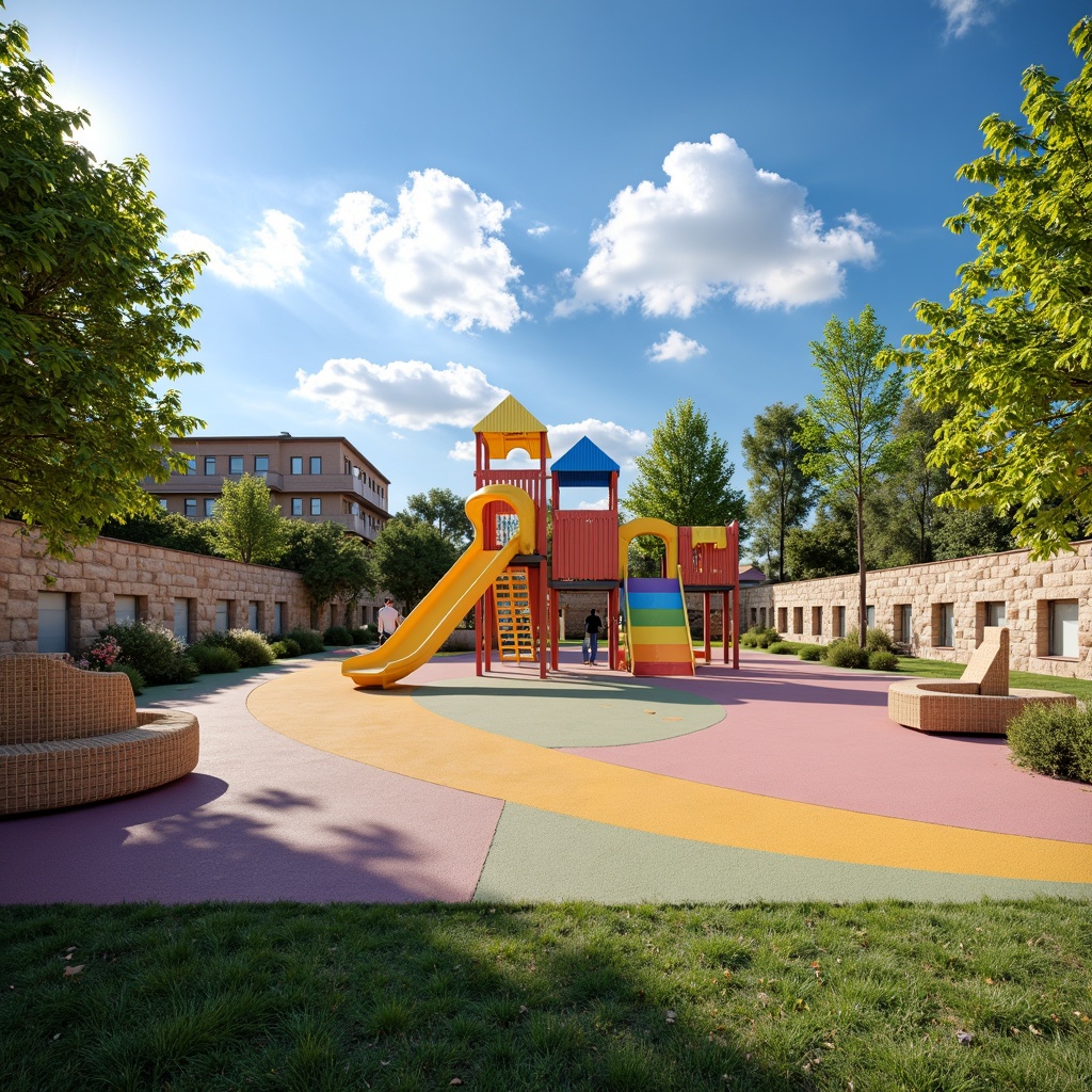 Prompt: Vibrant playground, colorful slides, climbing frames, soft rubber flooring, bright blue skies, fluffy white clouds, warm sunny day, natural stone walls, wooden play structures, woven wicker furniture, pastel-colored benches, playful kid-friendly textures, detailed grassy lawns, shallow depth of field, 3/4 composition, panoramic view, realistic ambient occlusion.