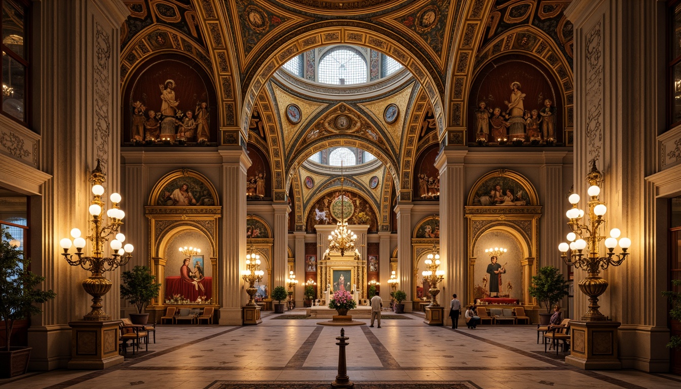 Prompt: Intricate mosaics, golden domes, grand archways, symmetrical facades, ornate capitals, marble columns, vaulted ceilings, rich textiles, lavish furnishings, regal thrones, sacred altarpieces, elaborate iconostases, warm candlelight, soft shadows, atmospheric perspective, 1/1 composition, central axis symmetry, high contrast lighting, realistic reflections, detailed textures.