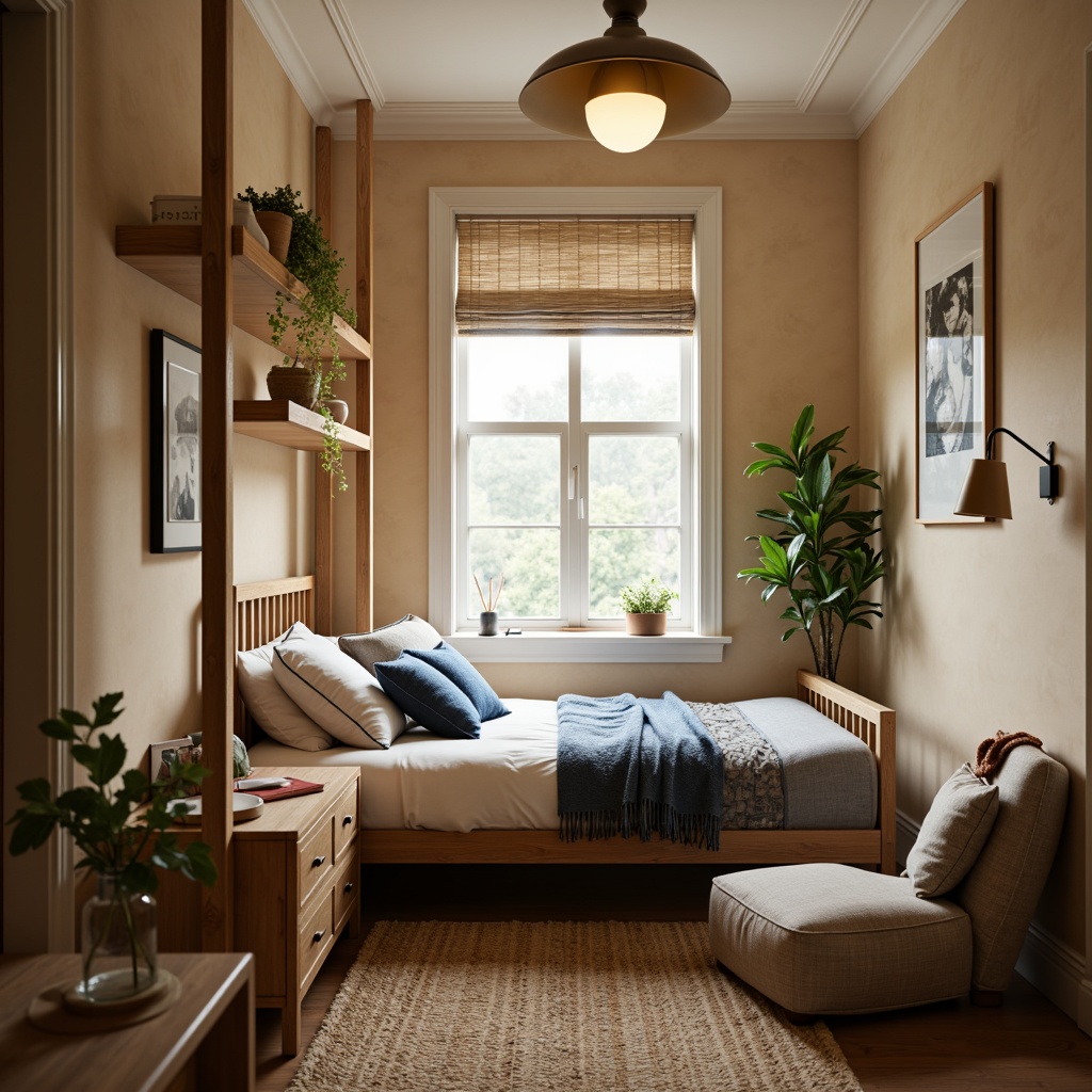 Prompt: Cozy dorm room, warm beige walls, soft gray bedding, rich wood furniture, natural jute rug, calming blue accents, creamy white trim, warm yellow task lighting, plush throw pillows, comfortable reading nook, relaxing atmosphere, soft focus, shallow depth of field, 1/1 composition, realistic textures, ambient occlusion.