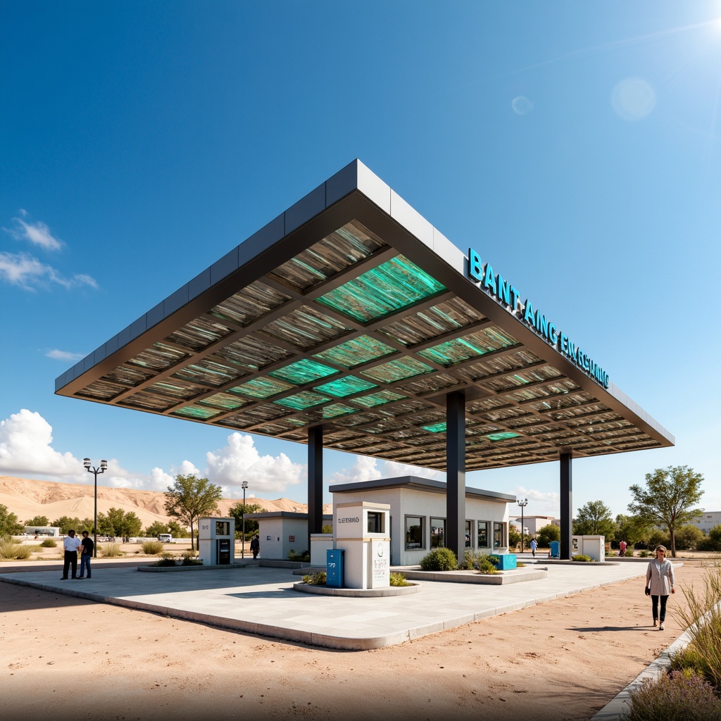 Prompt: Futuristic gas station, sleek metal canopy, neon lighting, geometric patterns, modern fuel pumps, electric vehicle charging stations, solar panels, wind turbines, green roofs, eco-friendly materials, minimalist design, angular lines, vibrant colorful accents, shaded outdoor spaces, misting systems, desert landscape, sandy dunes, cactus plants, hot sunny day, clear blue sky, vast open space, 3/4 composition, panoramic view, realistic textures, ambient occlusion.