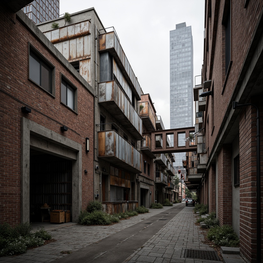 Prompt: Exposed brick walls, distressed metal cladding, rusty industrial pipes, fragmented concrete structures, abstract geometric patterns, deconstructed warehouse fa\u00e7ades, brutalist architecture, urban decay, gritty cityscape, overcast skies, diffused natural light, high-contrast shadows, cinematic composition, 1/2 framing, moody atmospheric lighting, textured renderings, detailed materiality.