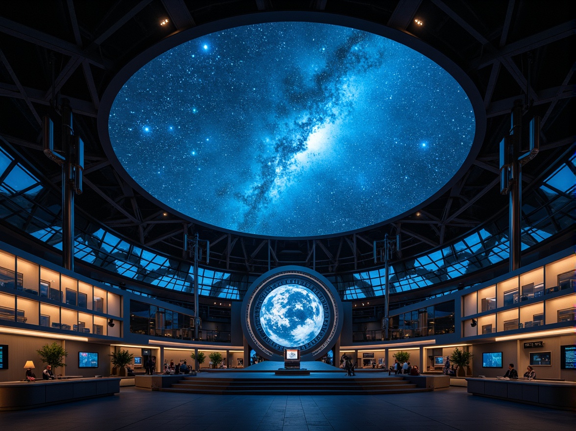 Prompt: Domed planetarium, celestial bodies projection, starry night sky, soft warm lighting, natural ambient illumination, futuristic academic architecture, sleek metal framework, glass dome roof, minimalist interior design, circular seating arrangement, interactive astronomy exhibits, spherical screens, educational display panels, dark blue color scheme, subtle texture patterns, atmospheric sound effects, 1/1 composition, high contrast ratio, realistic rendering.