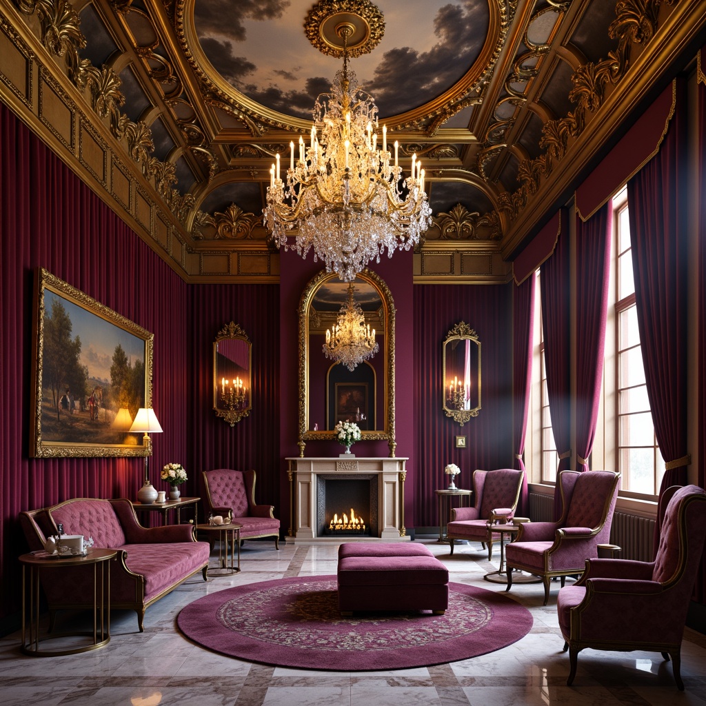 Prompt: Ornate gold accents, rich velvet drapes, lavish marble floors, intricate fresco ceilings, opulent crystal chandeliers, dramatic red curtains, regal purple upholstery, antique wooden furniture, gilded picture frames, ornamental mirrors, sumptuous fabrics, warm candlelight, soft shadows, high contrast ratio, 1/2 composition, cinematic lighting, realistic textures, ambient occlusion.