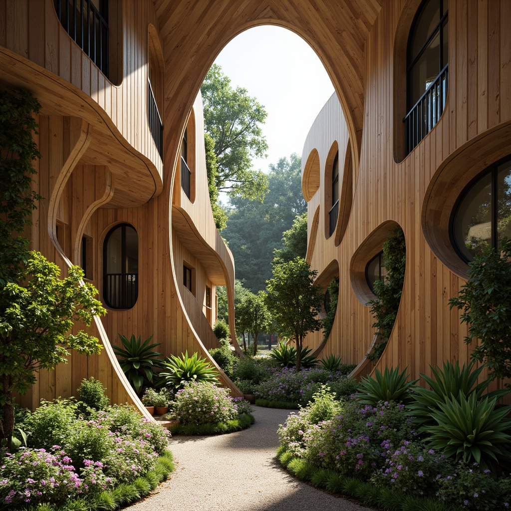 Prompt: Curved lines, fluid forms, natural materials, wooden accents, earthy tones, lush greenery, vines crawling walls, botanical patterns, organic textures, wavy roofs, irregular shapes, sustainable design, eco-friendly materials, blending boundaries, seamless transitions, soft warm lighting, shallow depth of field, 1/1 composition, intimate scale, cozy atmosphere, natural ventilation systems.